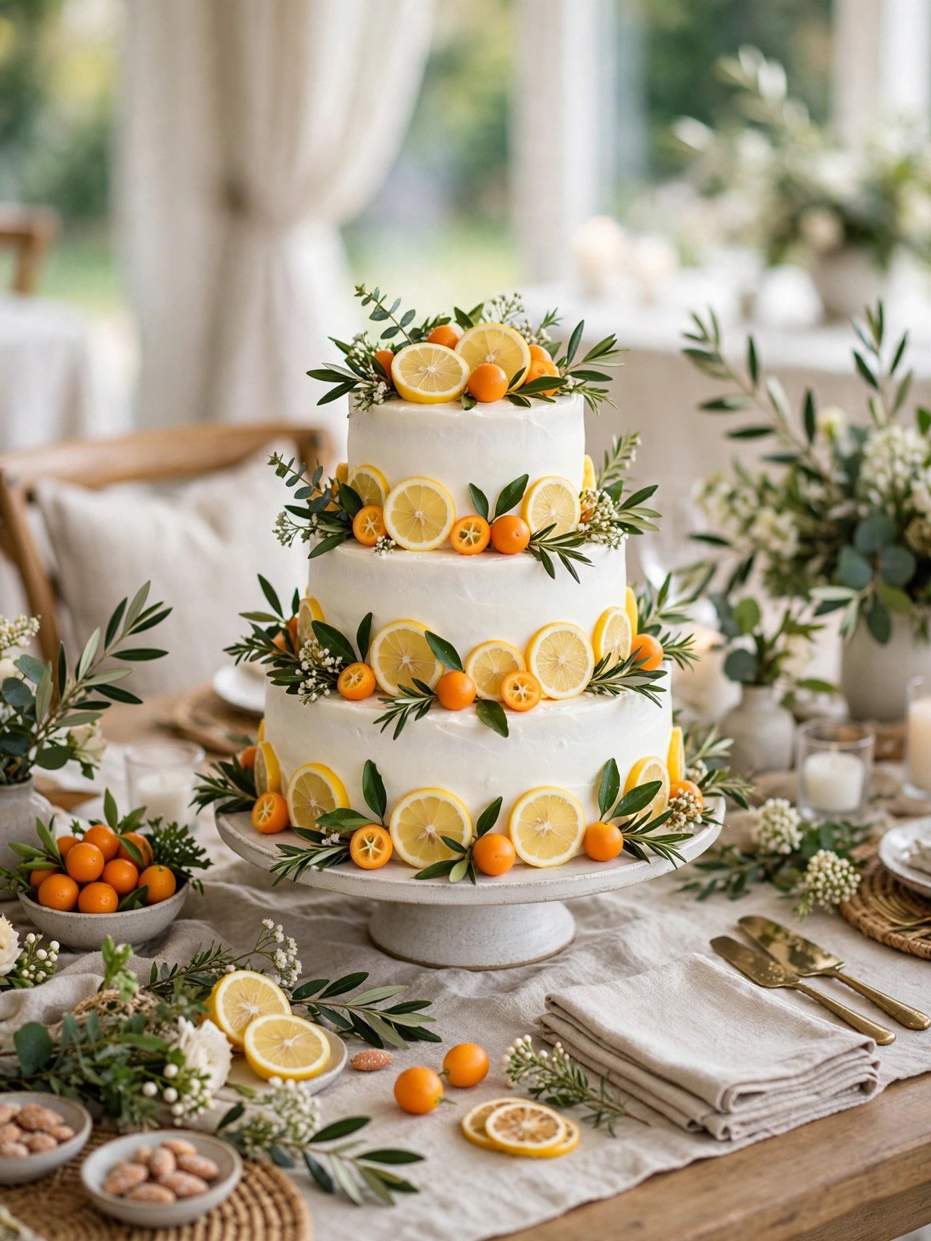 Bridal shower cake decorated with fresh lemons and orange slices