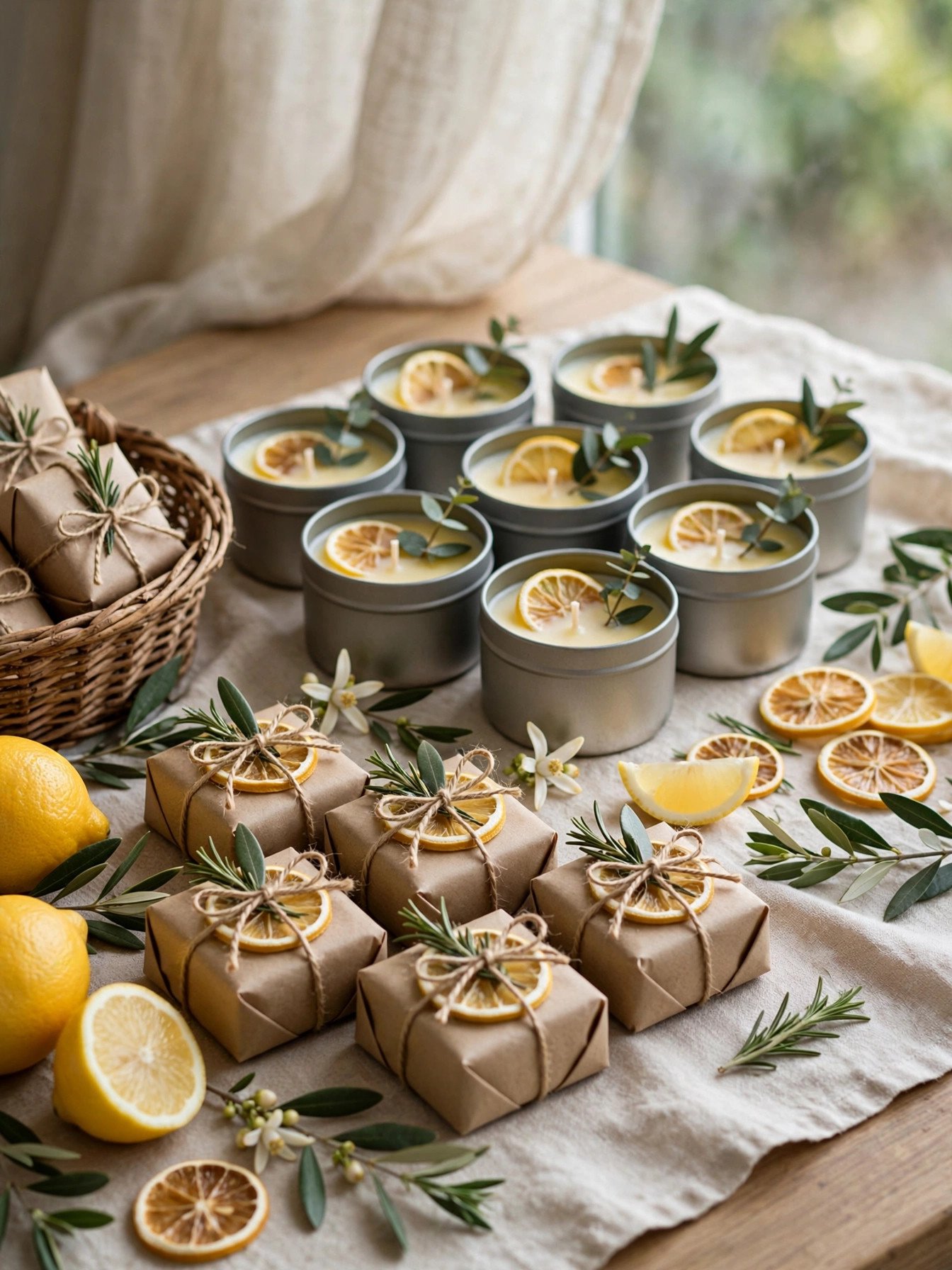 Lemon-scented candles and citrus party favors on a bridal shower gift table