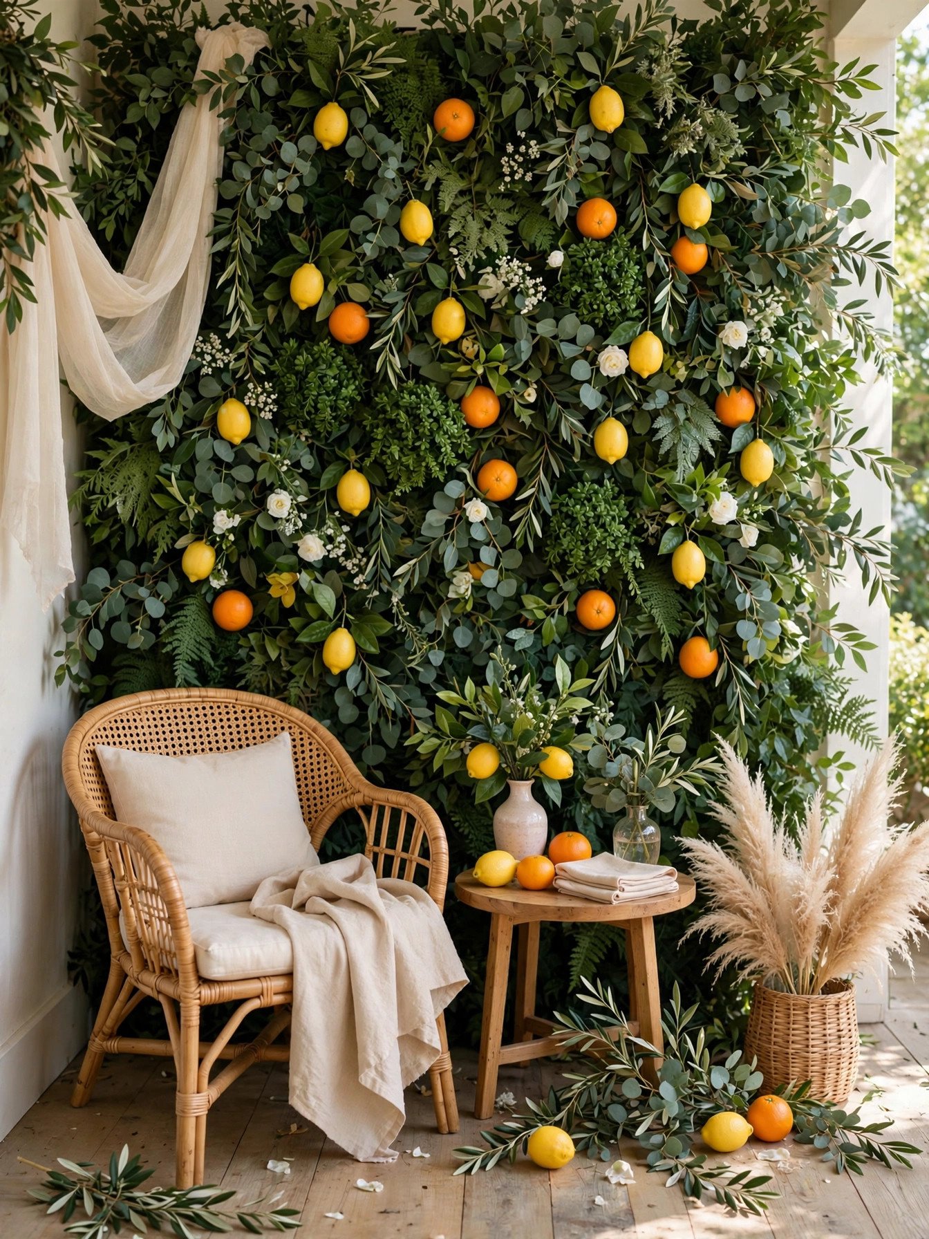 Citrus photo backdrop wall with oranges greenery and lemons at a bridal shower