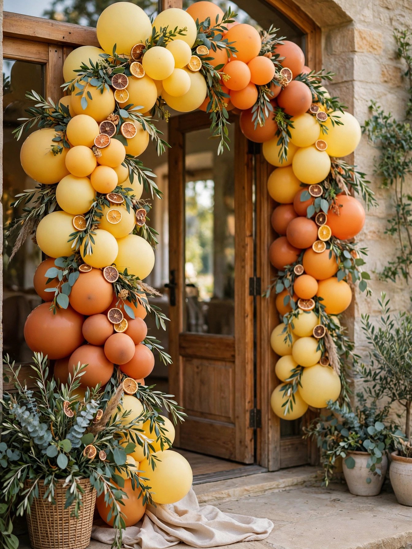 Yellow and orange balloon garland installation with citrus accents at a bridal shower