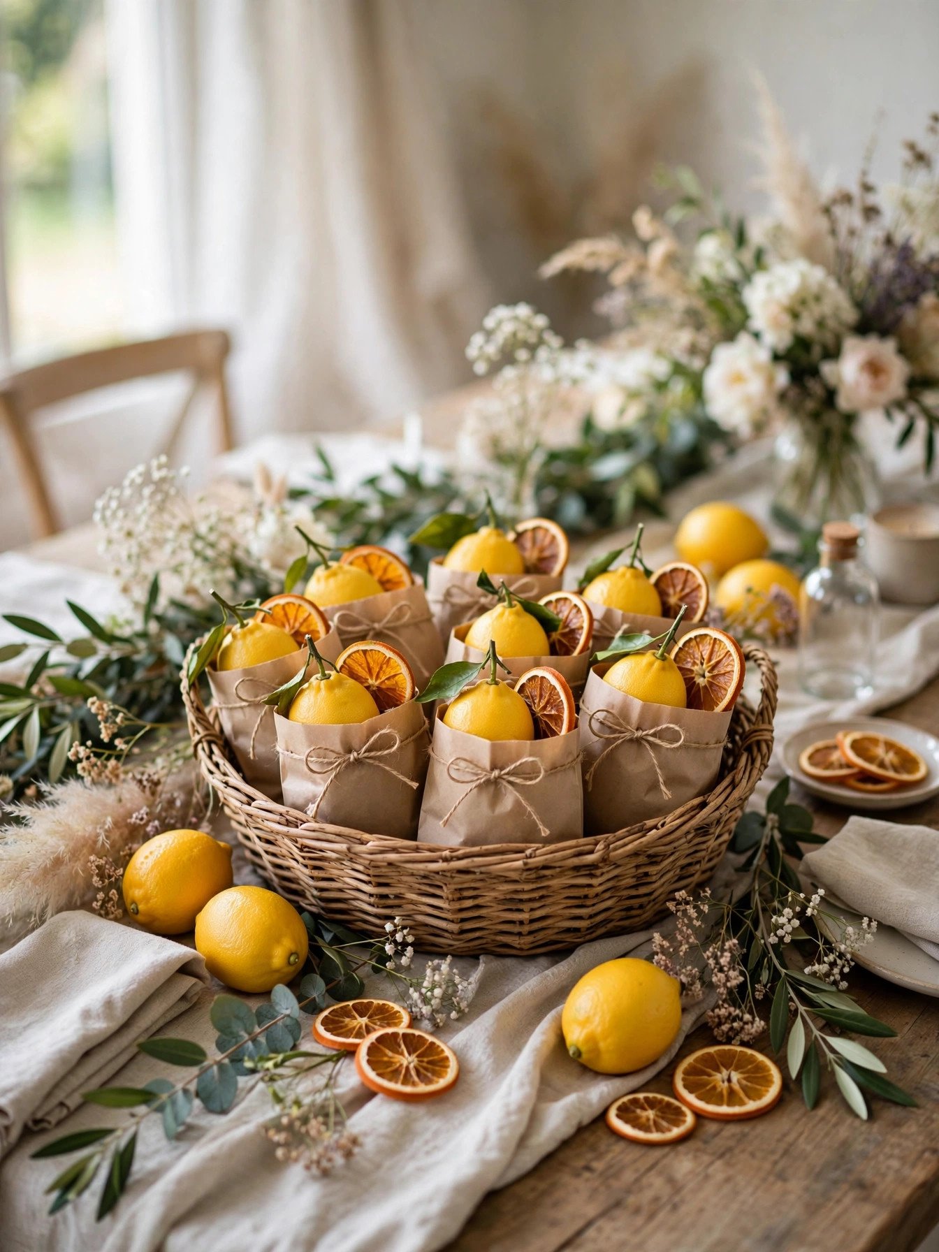 Thank-you favor bags filled with fresh lemons and citrus at a bridal shower