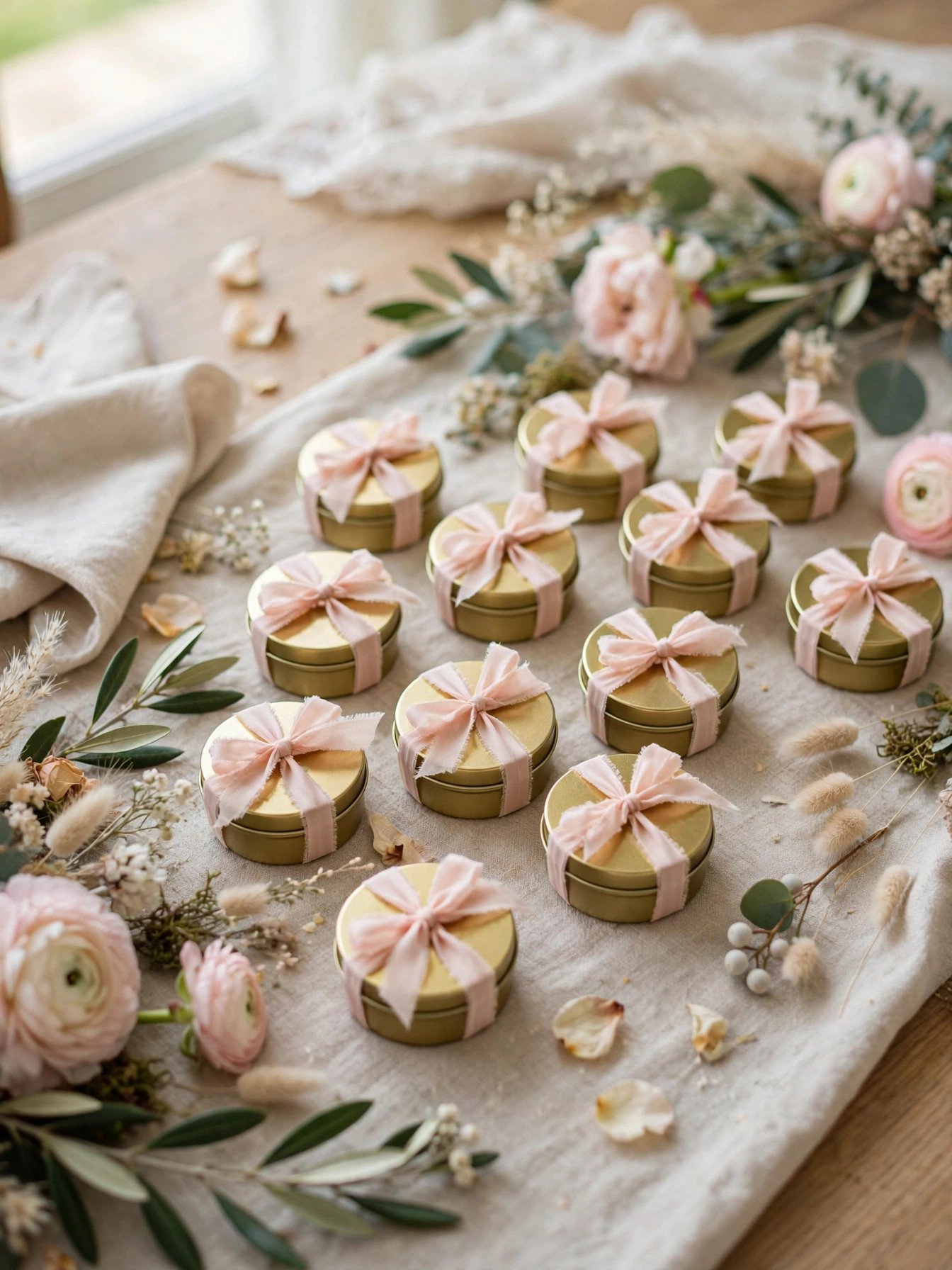 Mini candle favors in gold tins with custom labels