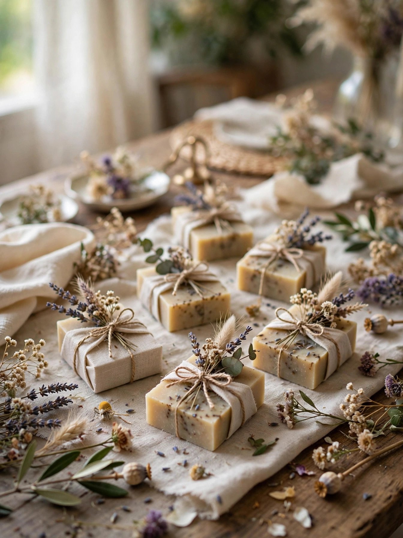 Handmade soap bar favors wrapped with ribbon and tags