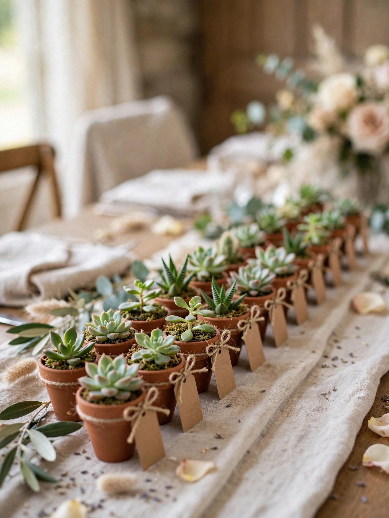Mini succulent favors in small pots with thank-you tags