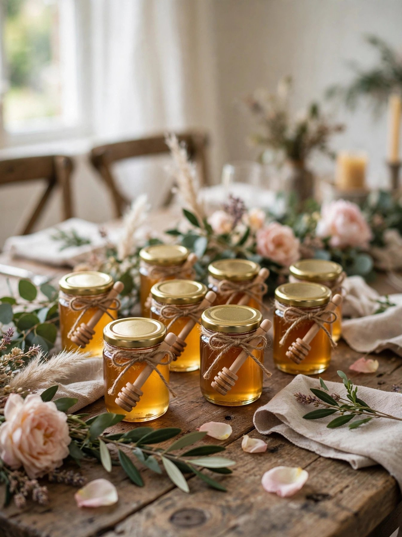 Mini honey jar favors with wooden dippers and custom labels