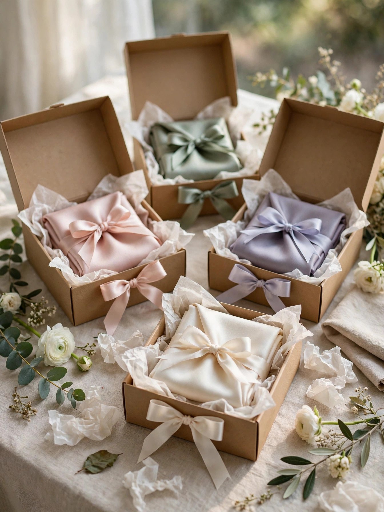 Elegant silk scarf favors folded in gift boxes