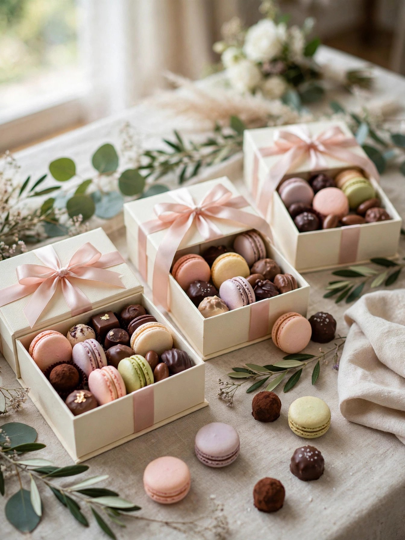 Keepsake box favors filled with treats and tied with ribbon