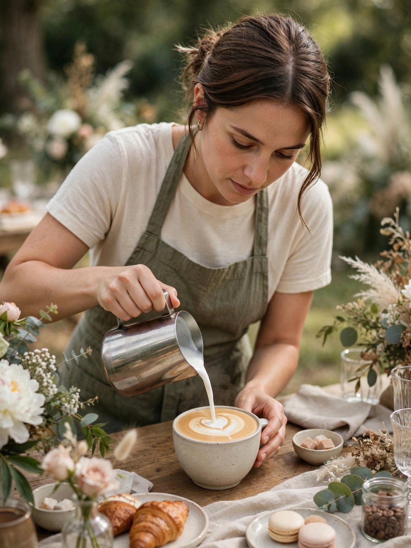 Barista pouring latte art at a bridal shower latte art station