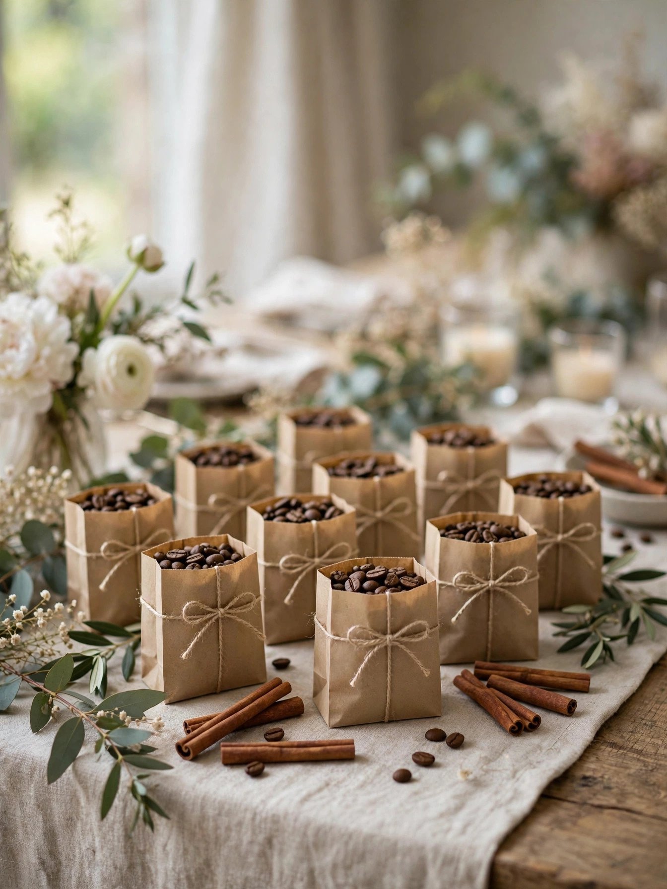 Coffee bean favor bags with kraft labels at a bridal shower