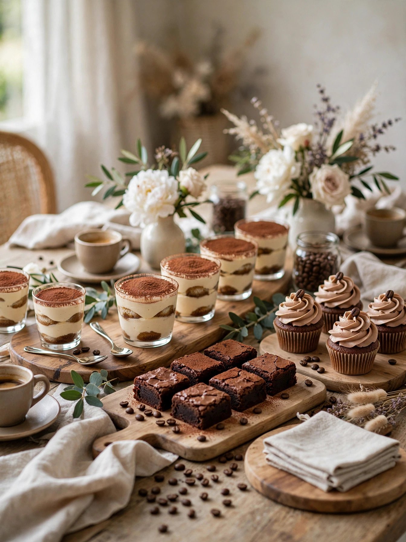 Espresso dessert table with coffee-flavored treats at a bridal shower