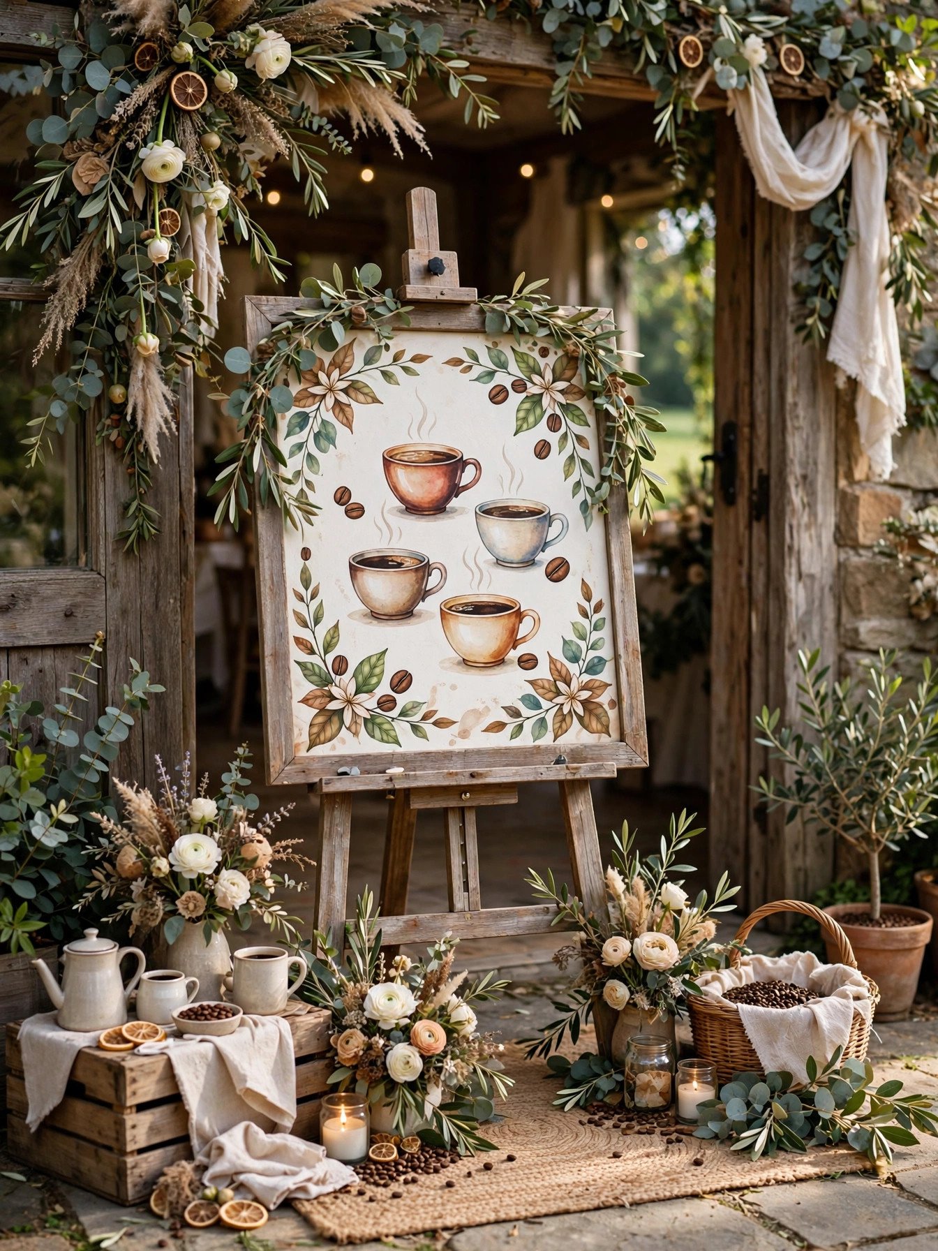Chalkboard welcome sign on an easel at a coffee-themed bridal shower