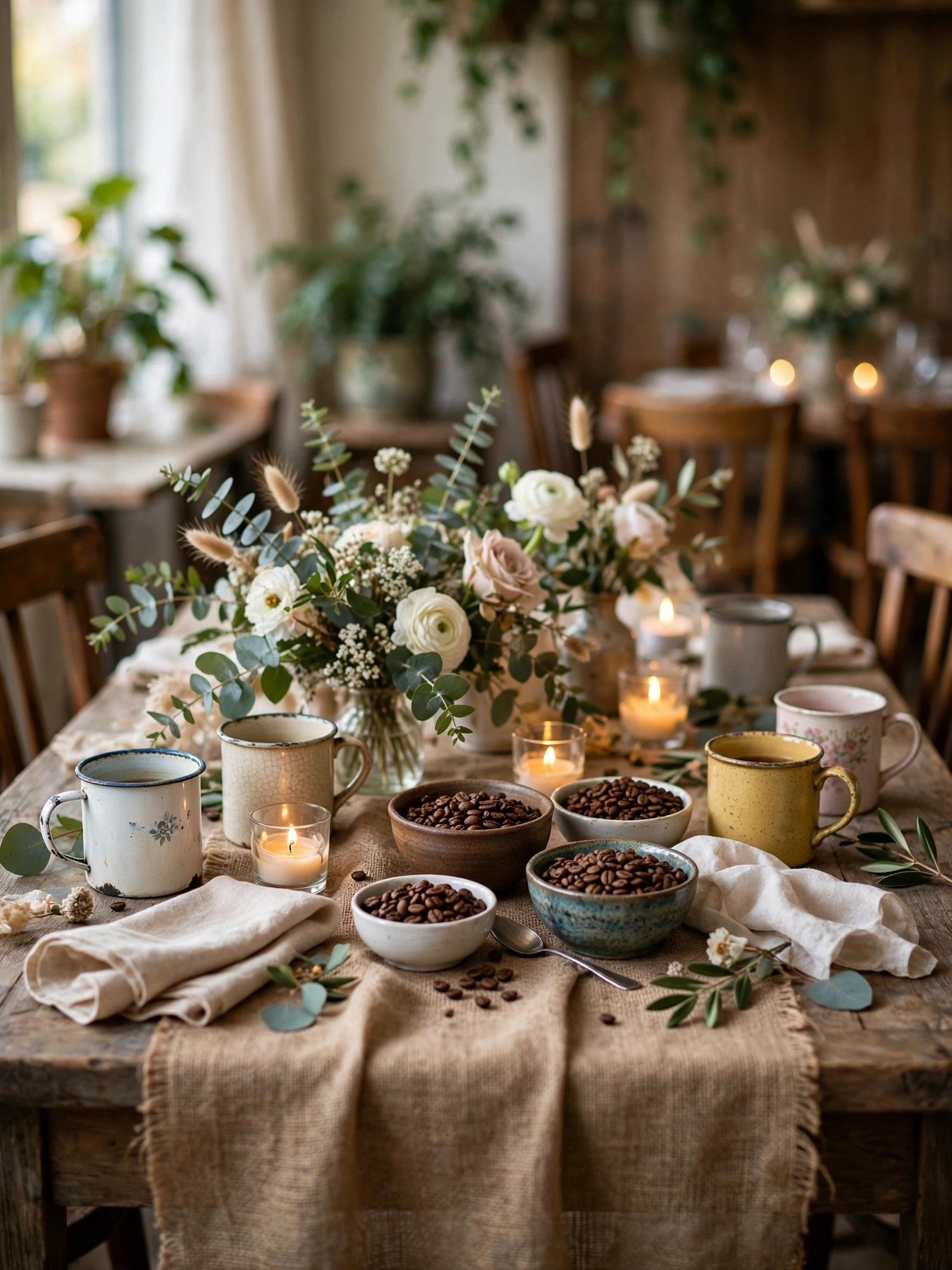 Cozy café-style bridal shower tablescape with coffee cups burlap and beans