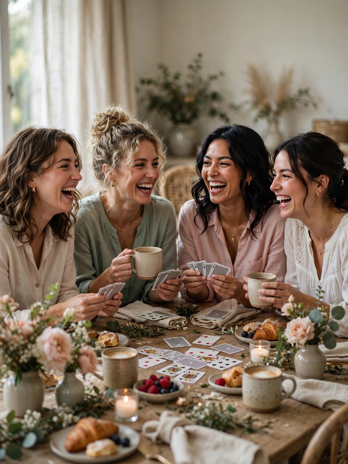 Bridal shower guests playing a coffee-themed party game together