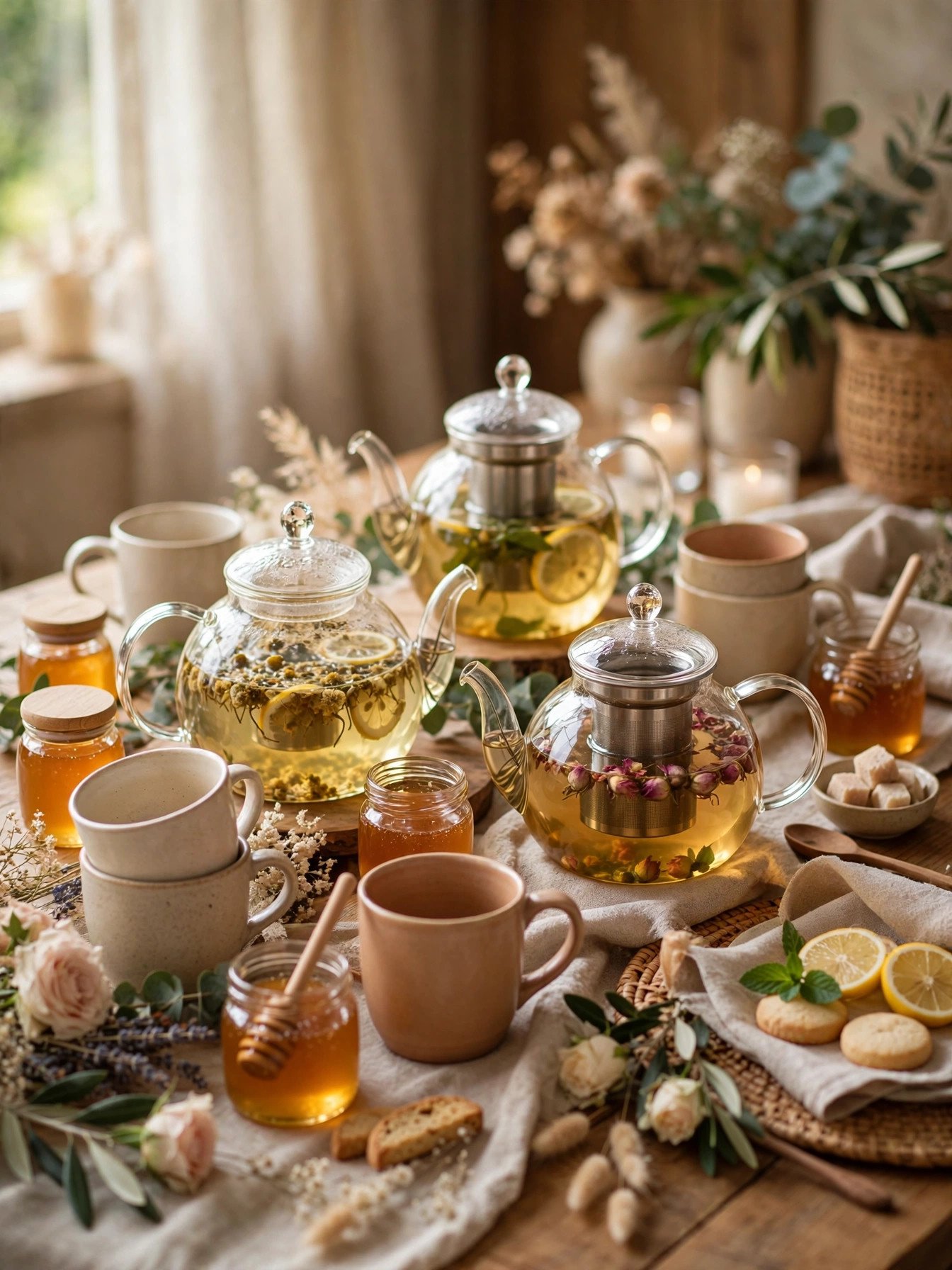 Decaf and tea station with teapots and mugs at a bridal shower