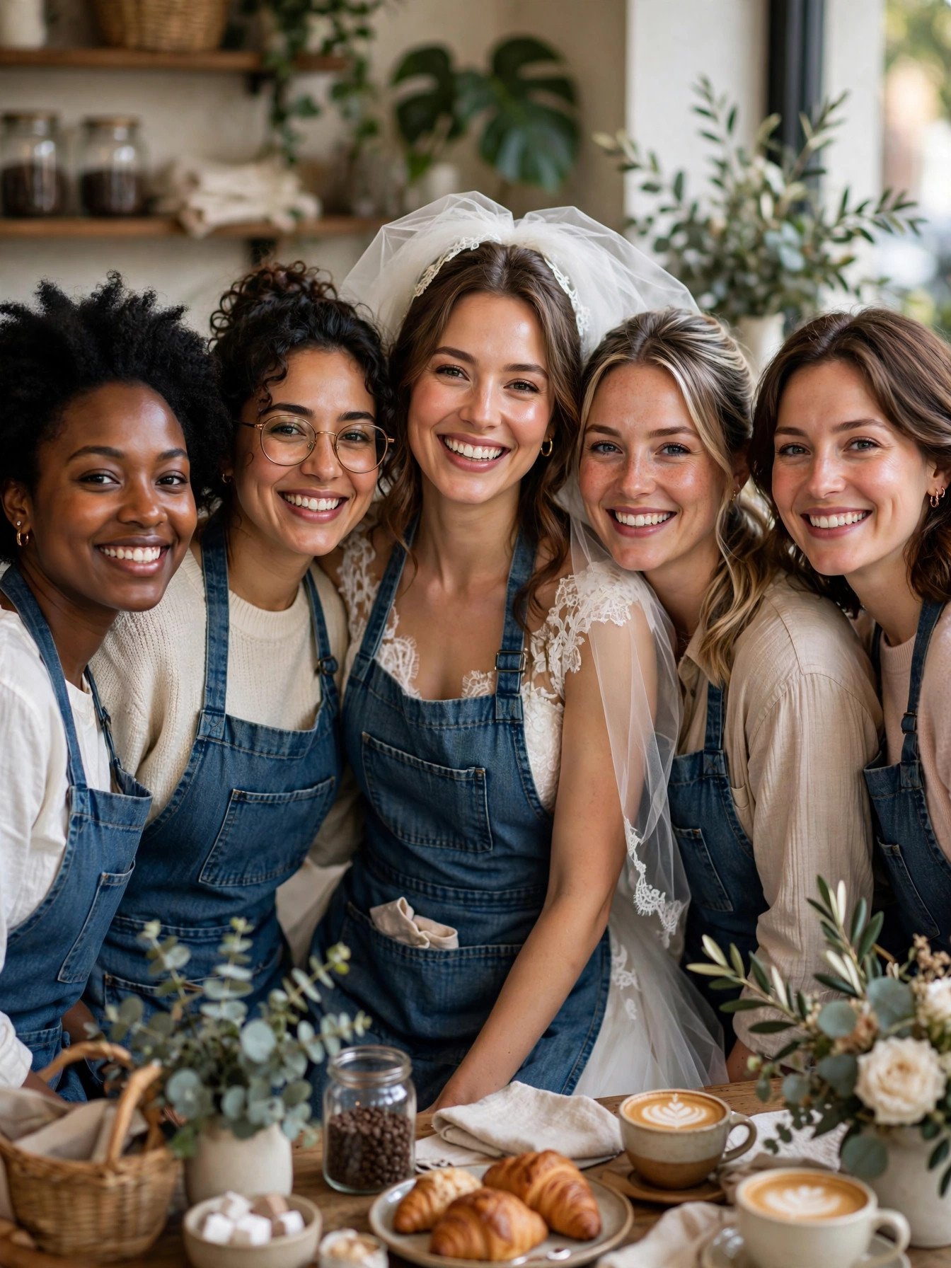Bridal shower guests wearing cute barista aprons at a coffee-themed party
