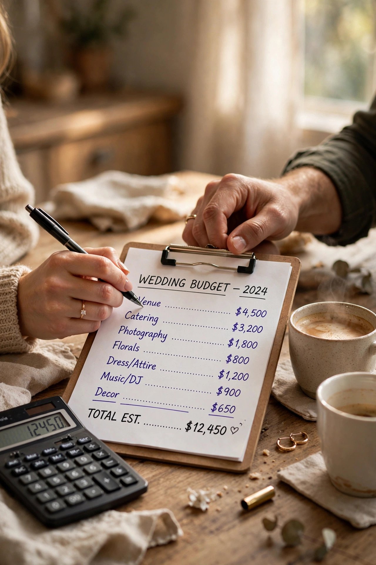 Couple writing wedding budget numbers on a clipboard planner at a kitchen table