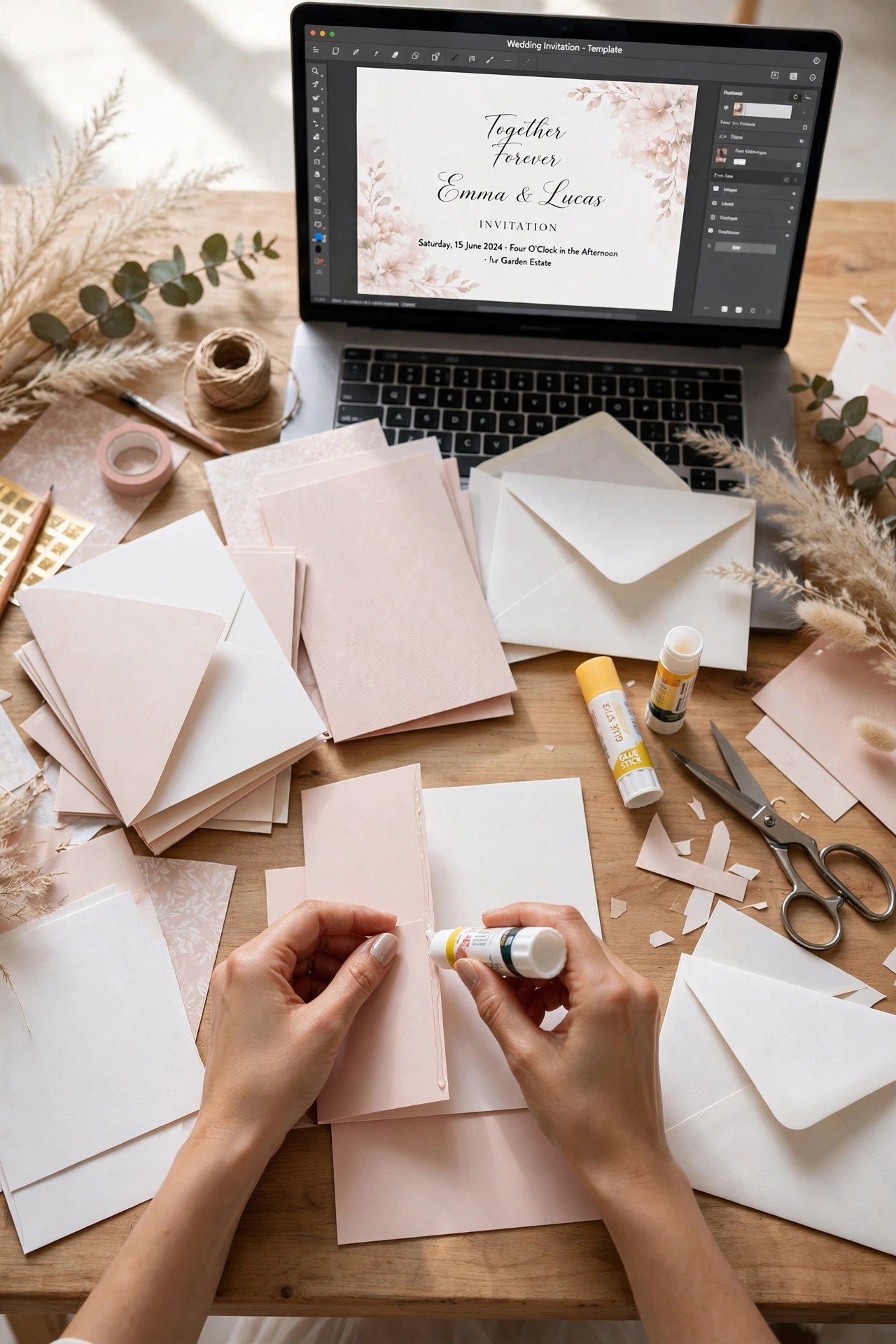 Hands crafting DIY wedding invitations with stationery and a design template on a laptop