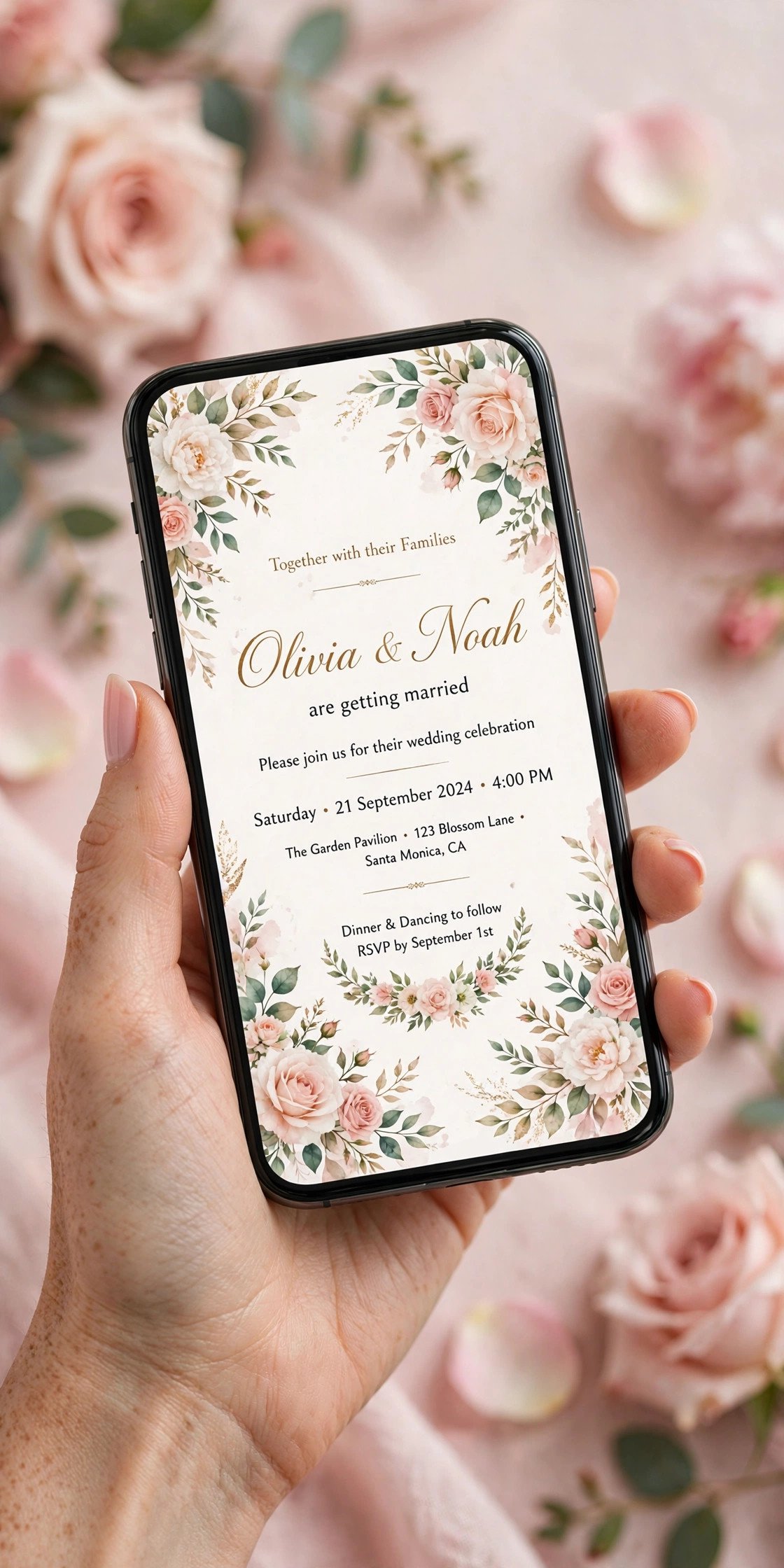 Hand holding a smartphone displaying an elegant digital wedding invitation