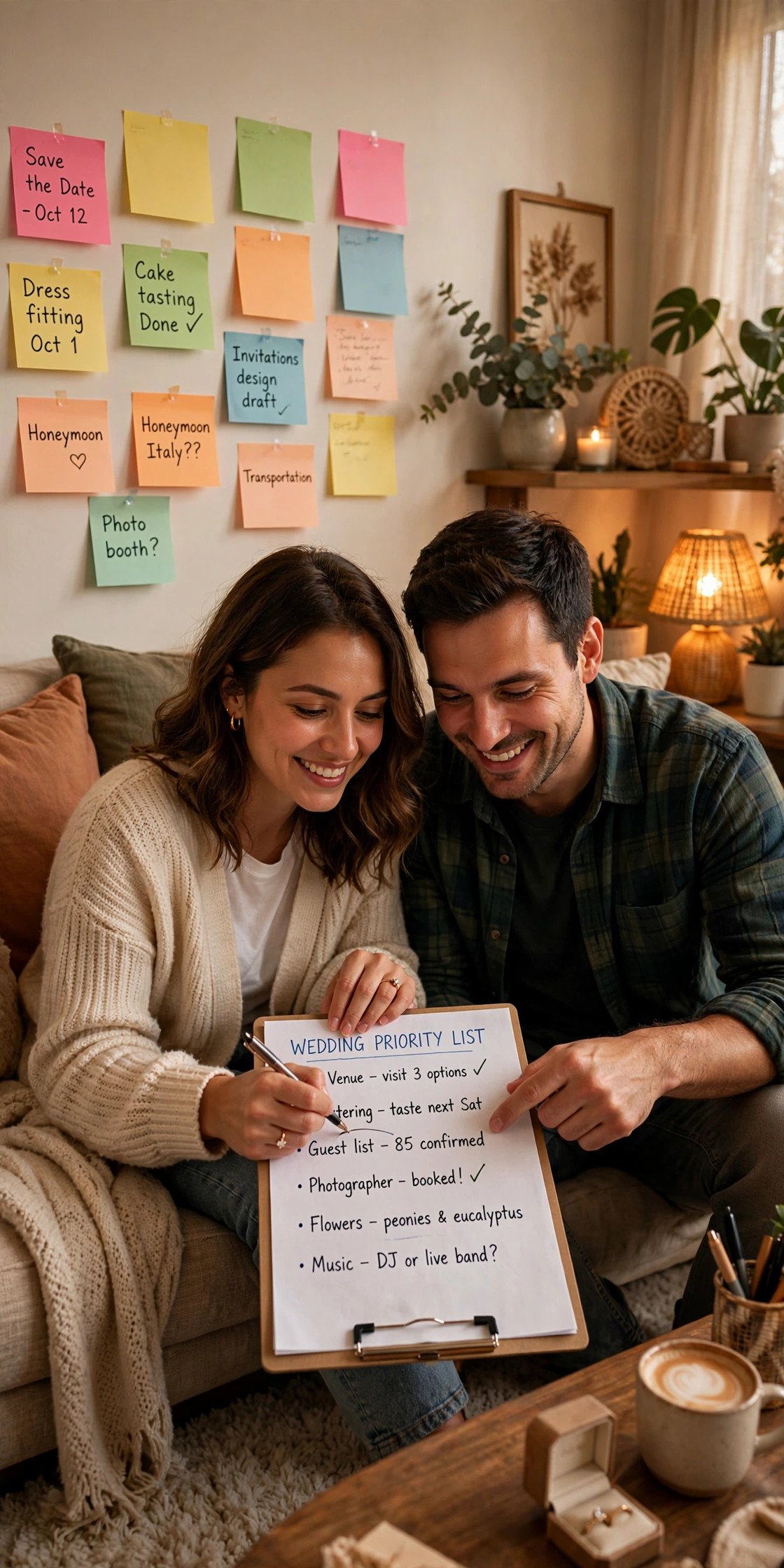 Engaged couple reviewing a wedding priority list with sticky notes on the wall