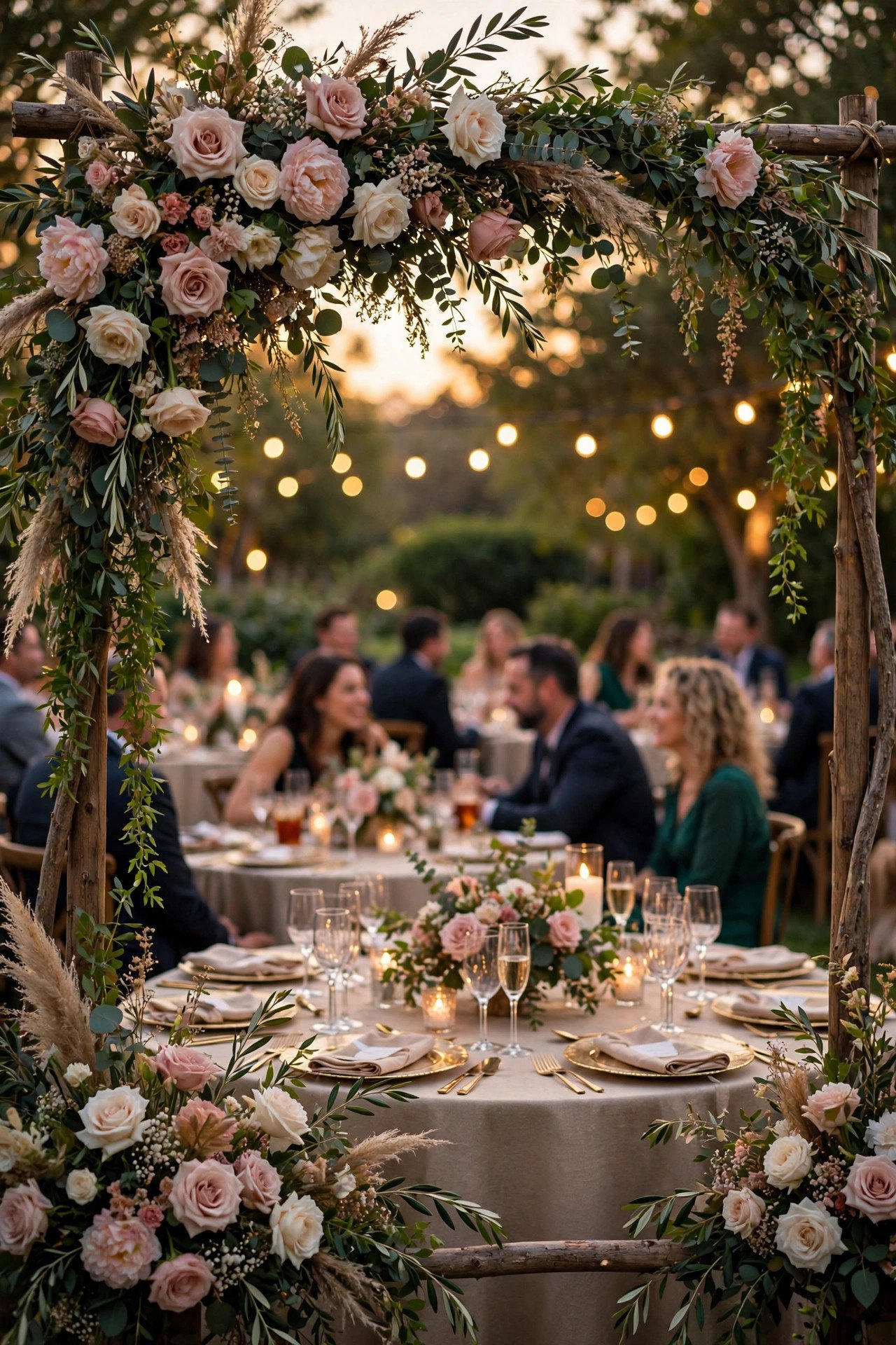 Floral wedding ceremony arch with reception dinner area and guests behind it