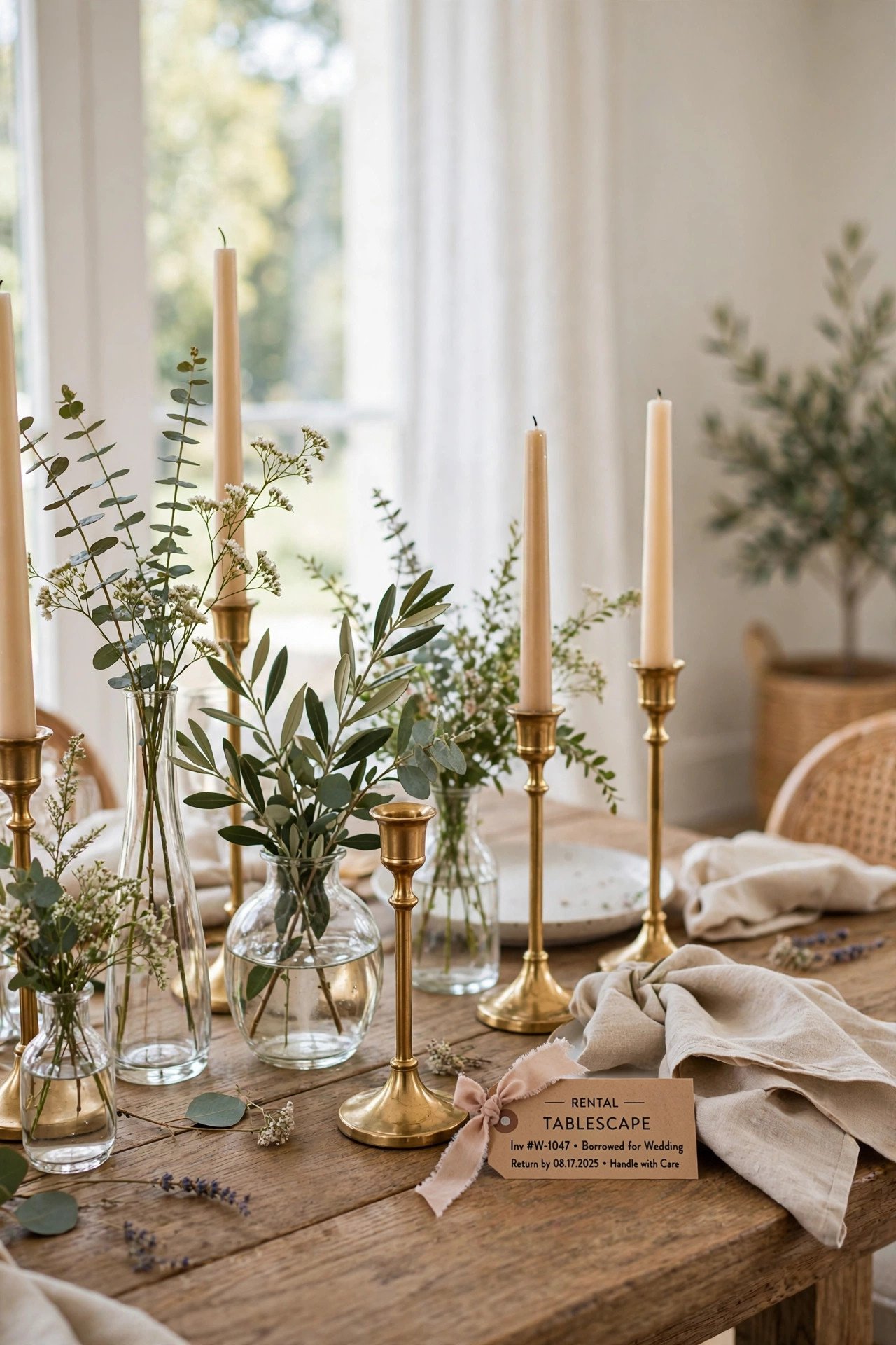 Borrowed wedding decor with gold candlesticks, glass vases and linens on a table
