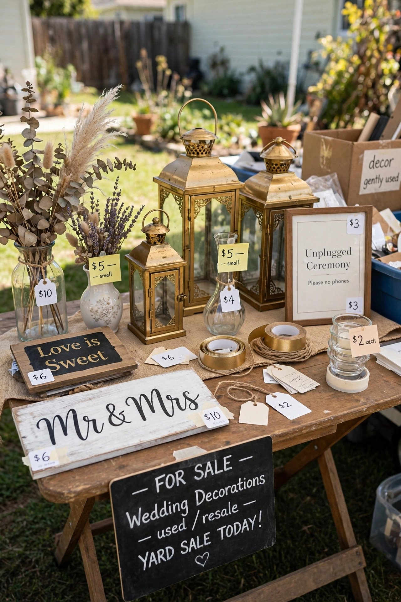 Used wedding decorations with price tags for resale at an outdoor sale