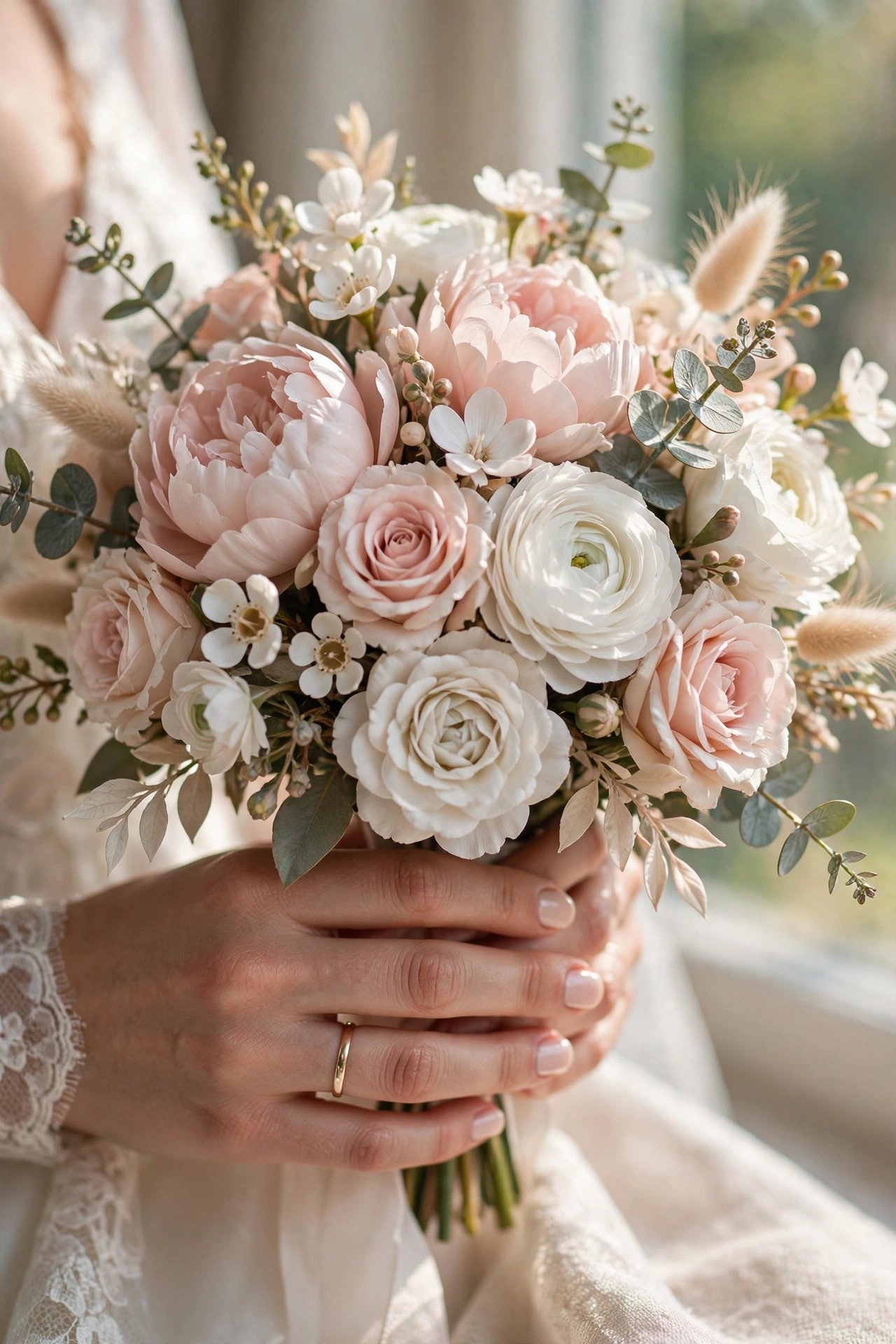 Bridal bouquet of realistic silk flowers in blush pink and white held by a bride