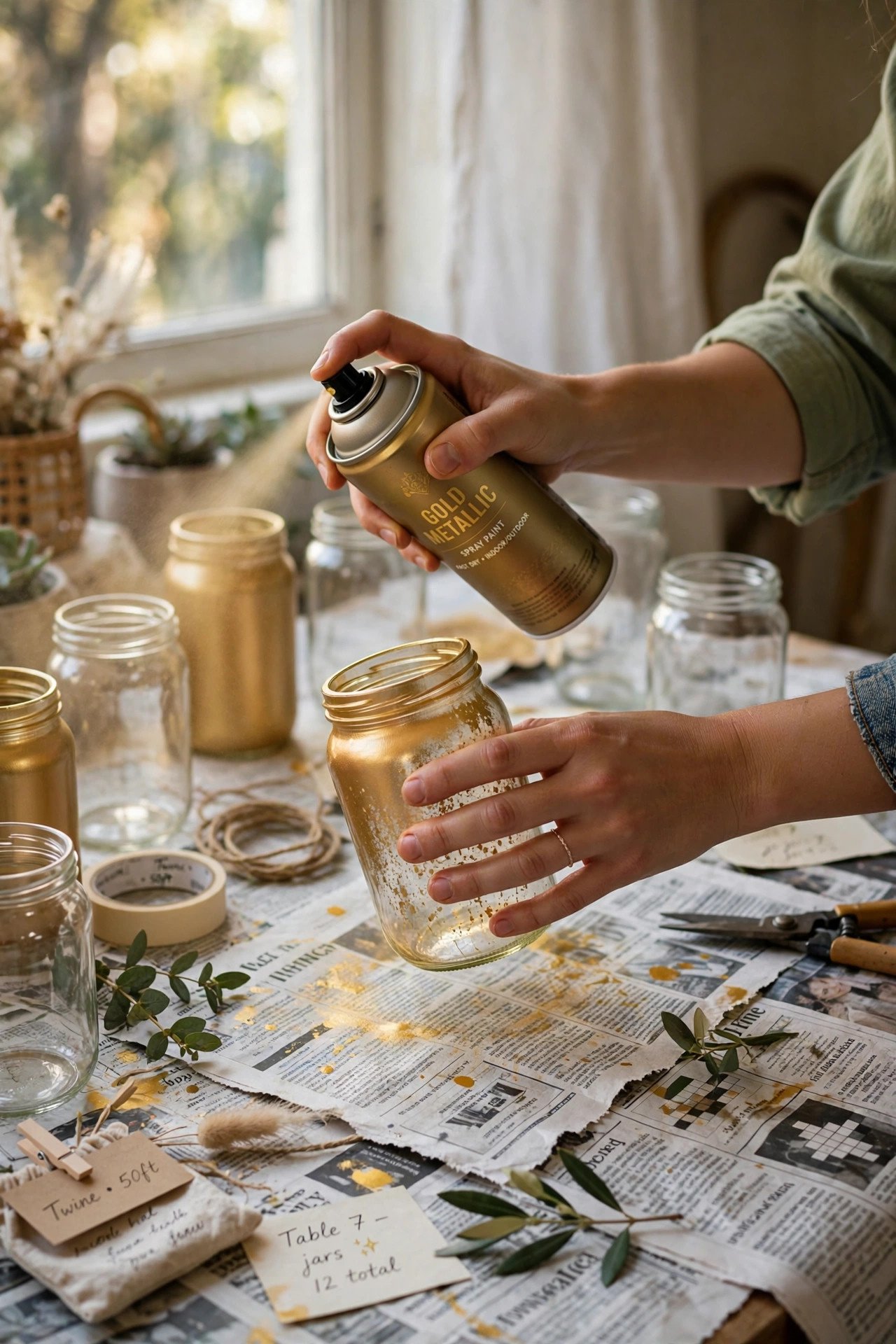Hands spray painting glass jars gold for DIY wedding centerpieces