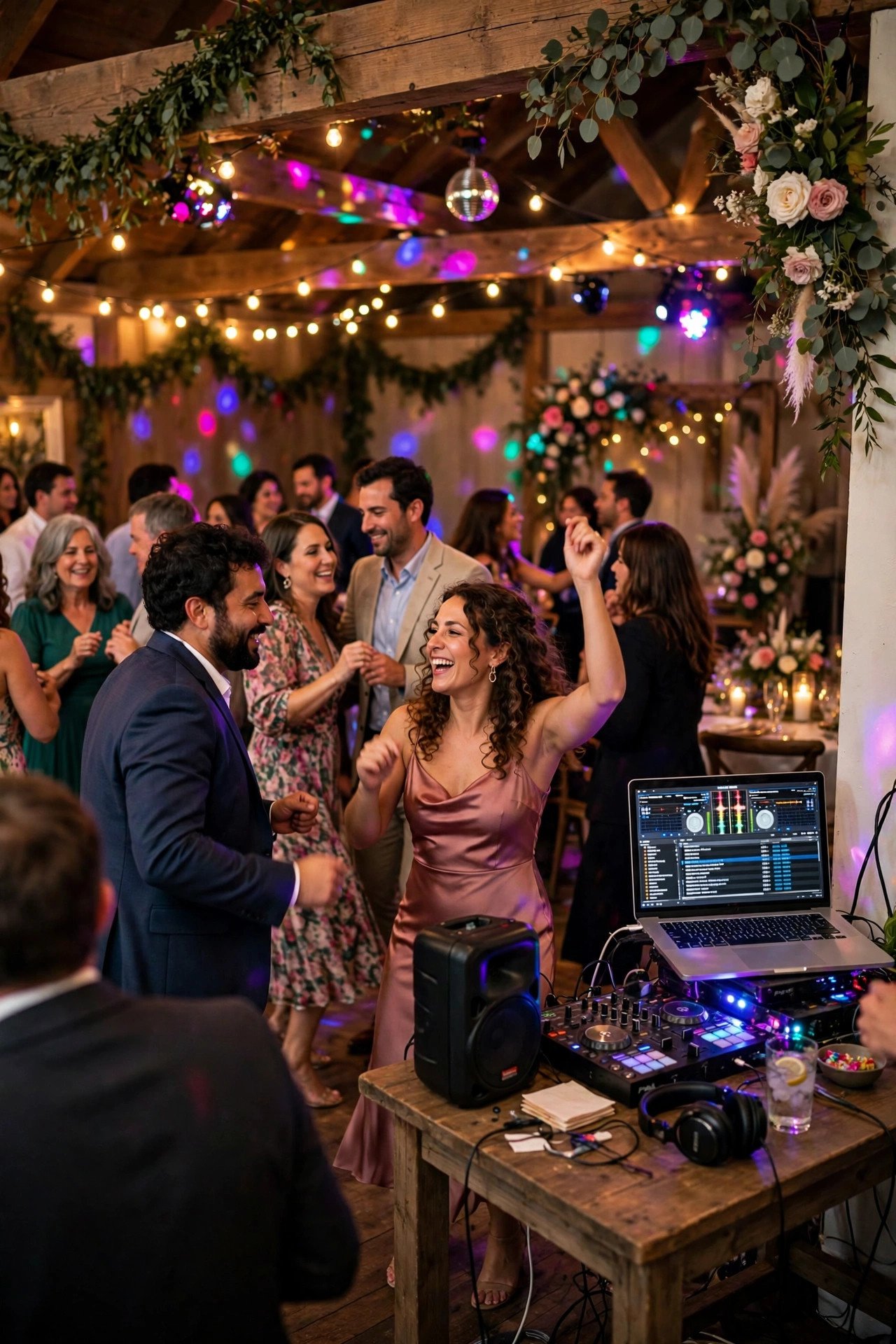 Wedding dance floor with guests dancing and a laptop DJ setup on a side table