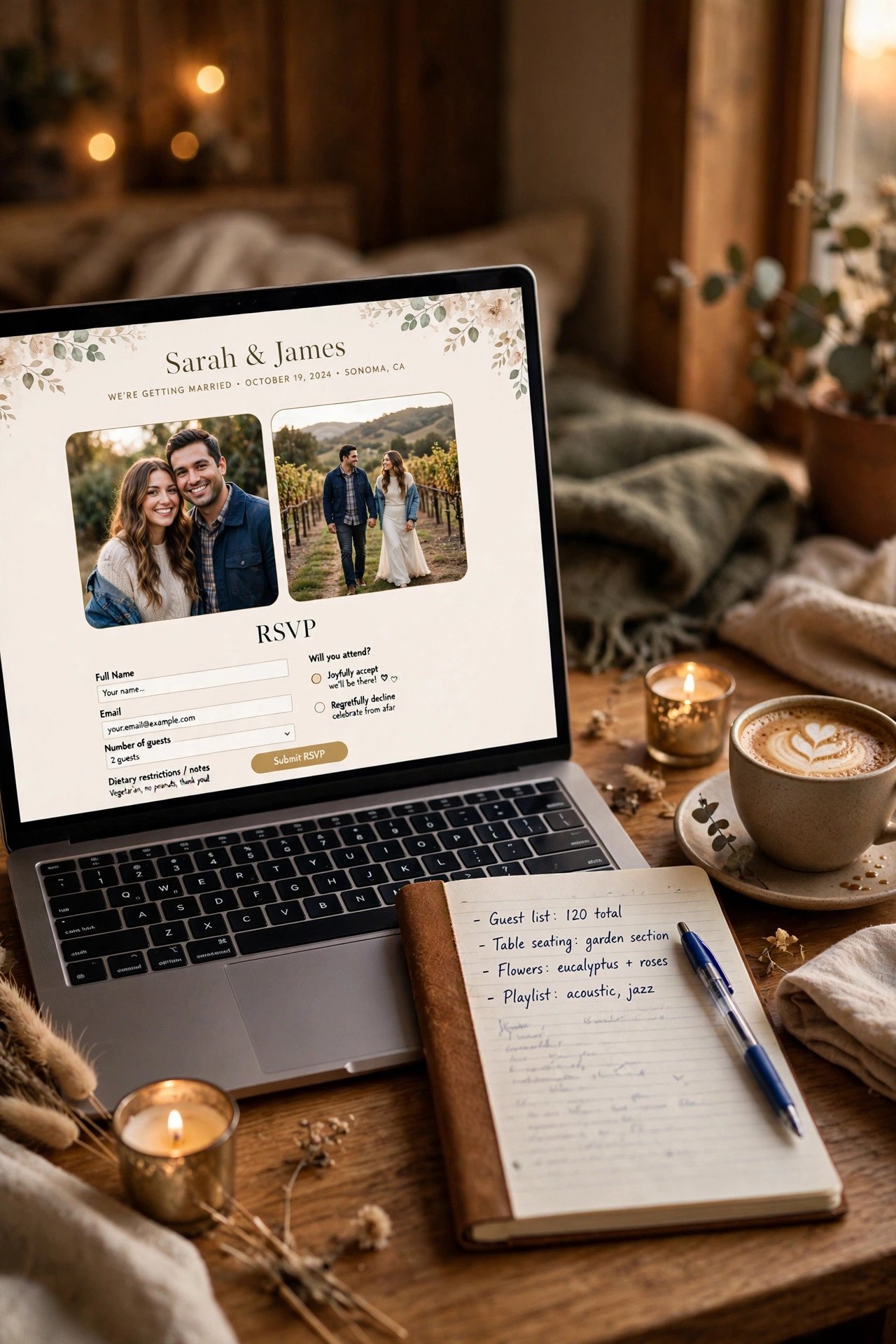 Laptop showing a beautiful wedding website with couple photos and RSVP form