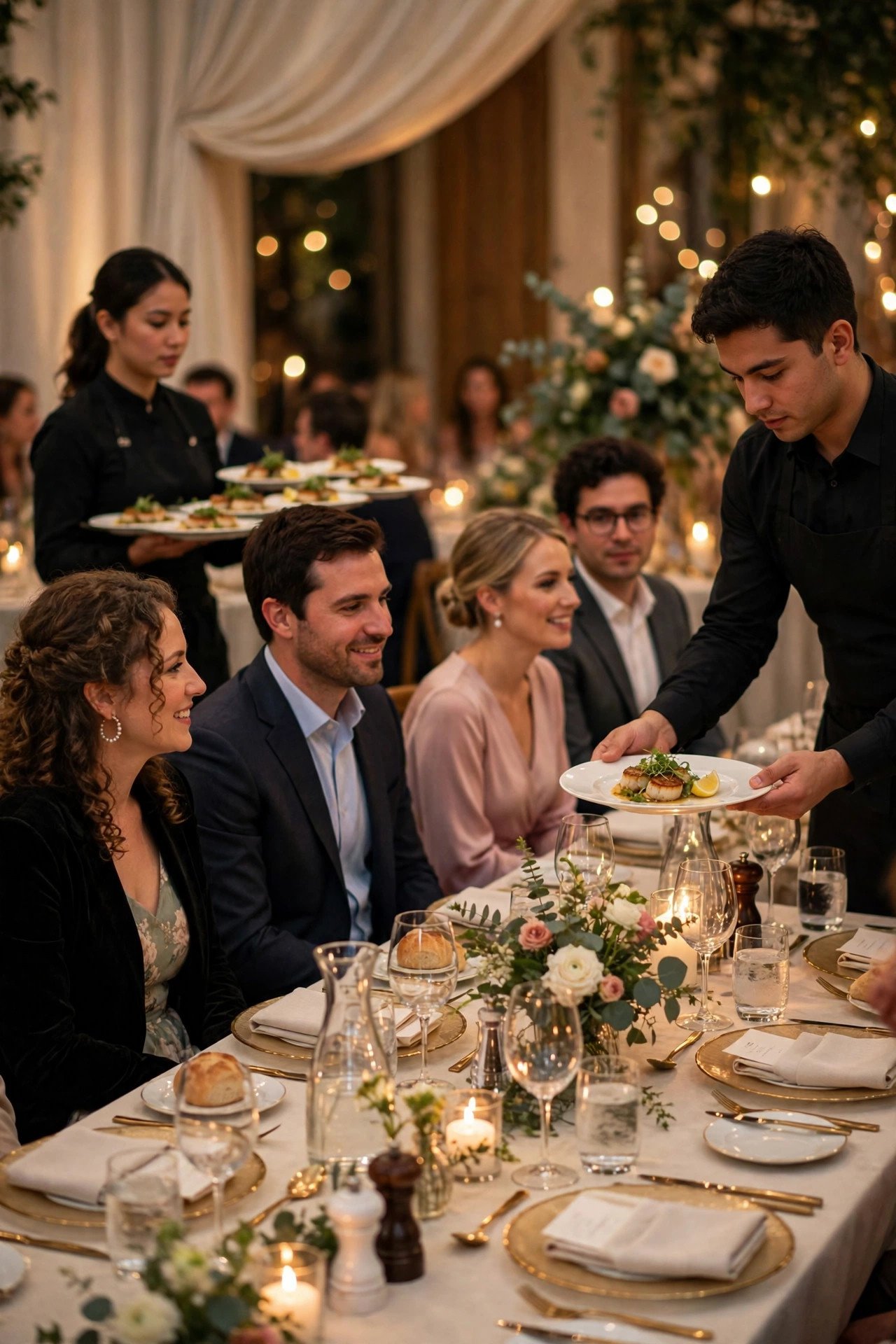 Wedding guests seated at dinner while servers bring the first course