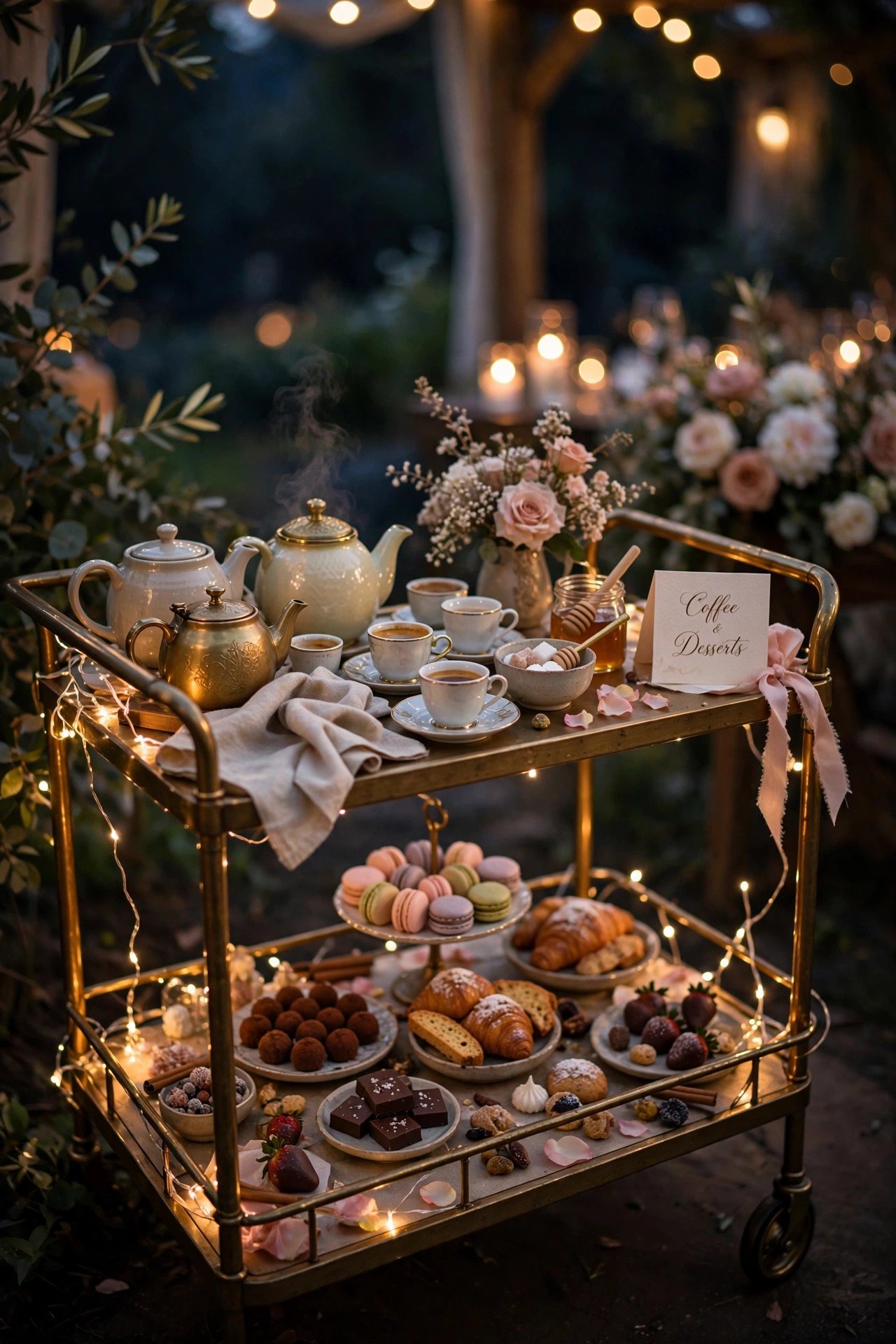 Elegant late-evening wedding coffee and dessert bar cart with warm lighting