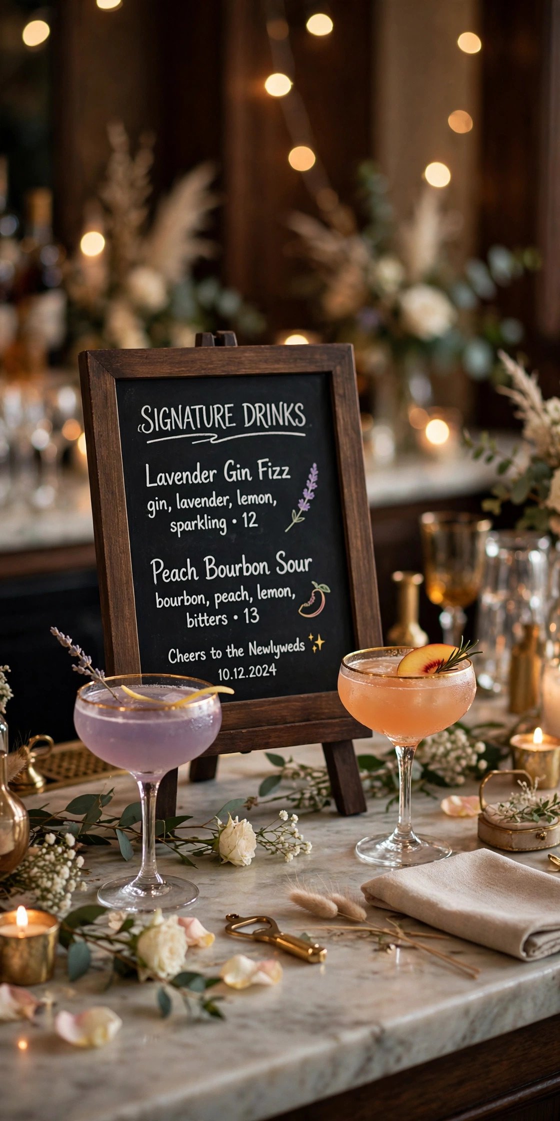 Stylish wedding bar with a chalkboard signature drink menu and cocktails