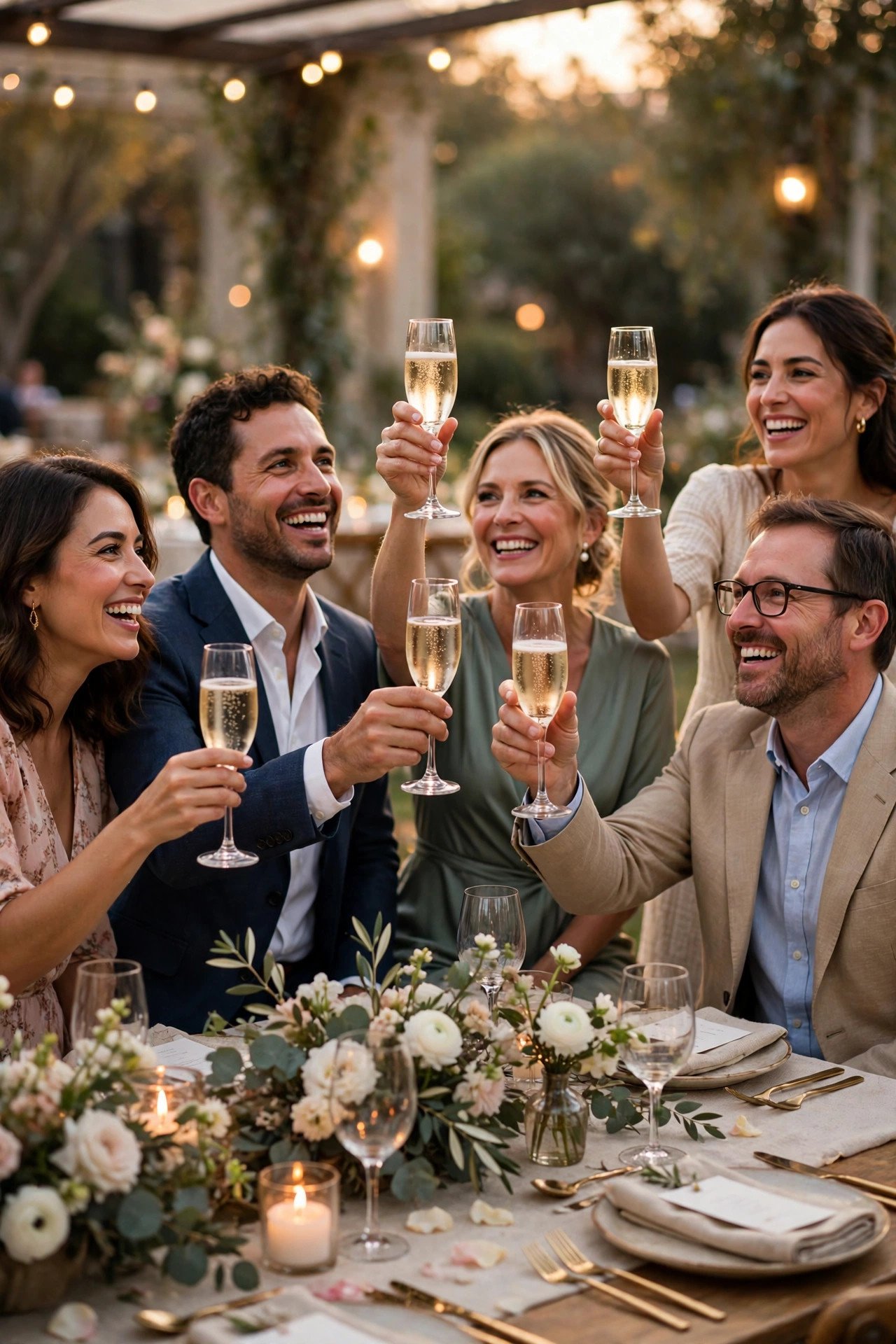 Wedding guests raising glasses of sparkling prosecco for a joyful toast