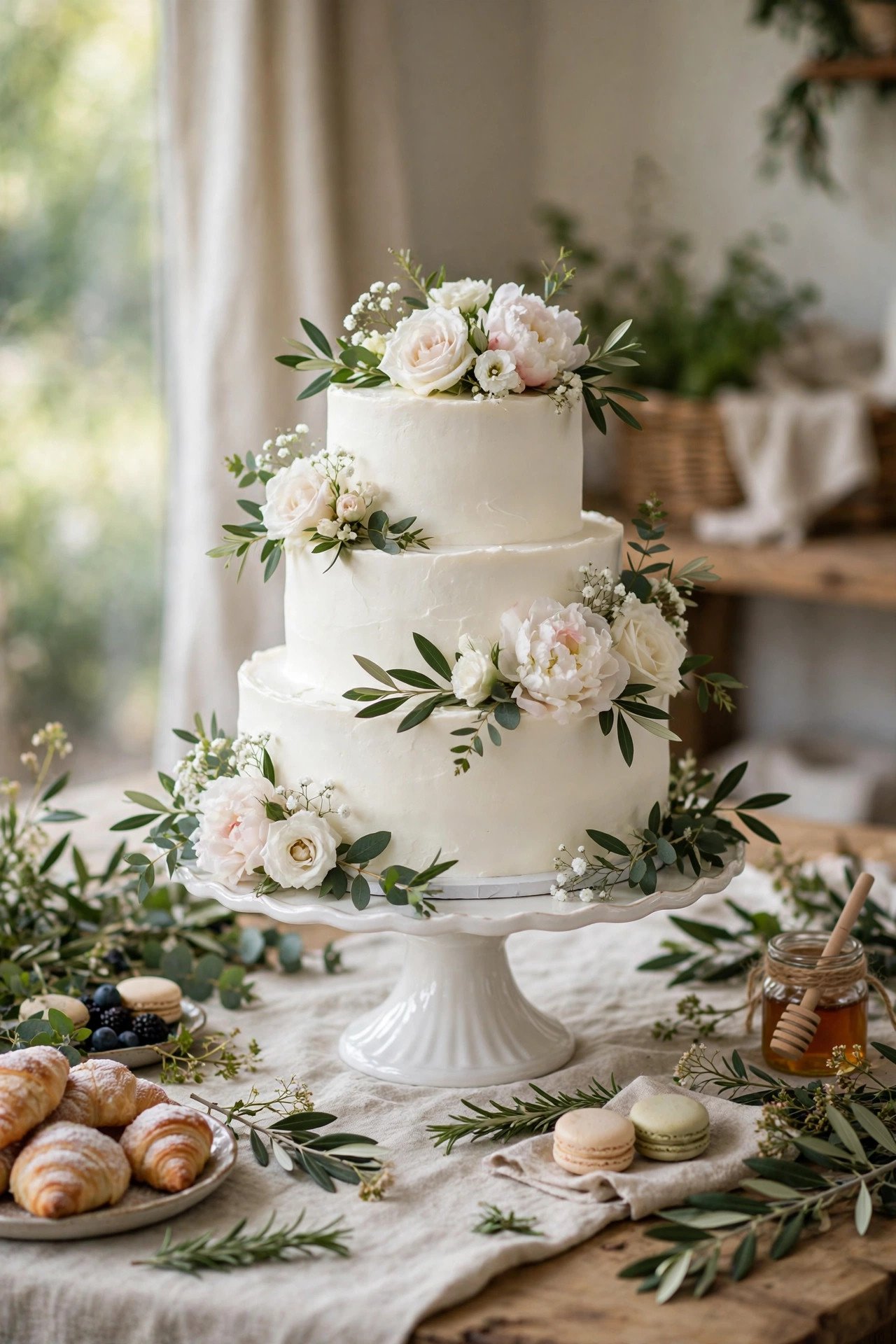 Simple elegant white wedding cake with fresh flowers on a cake stand