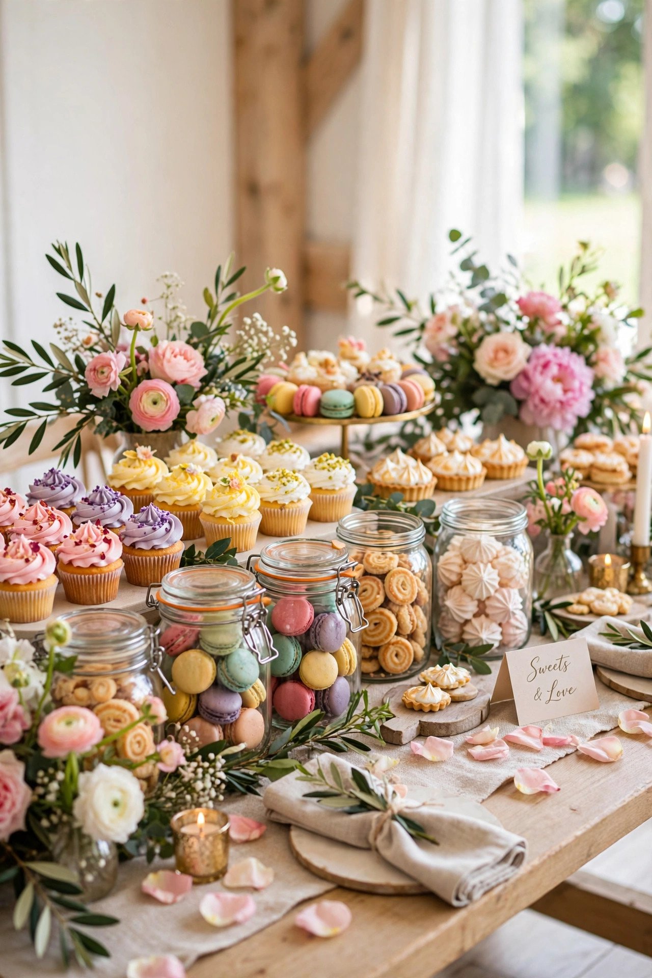 Colorful wedding dessert buffet with cupcakes, macarons and pastries in glass jars
