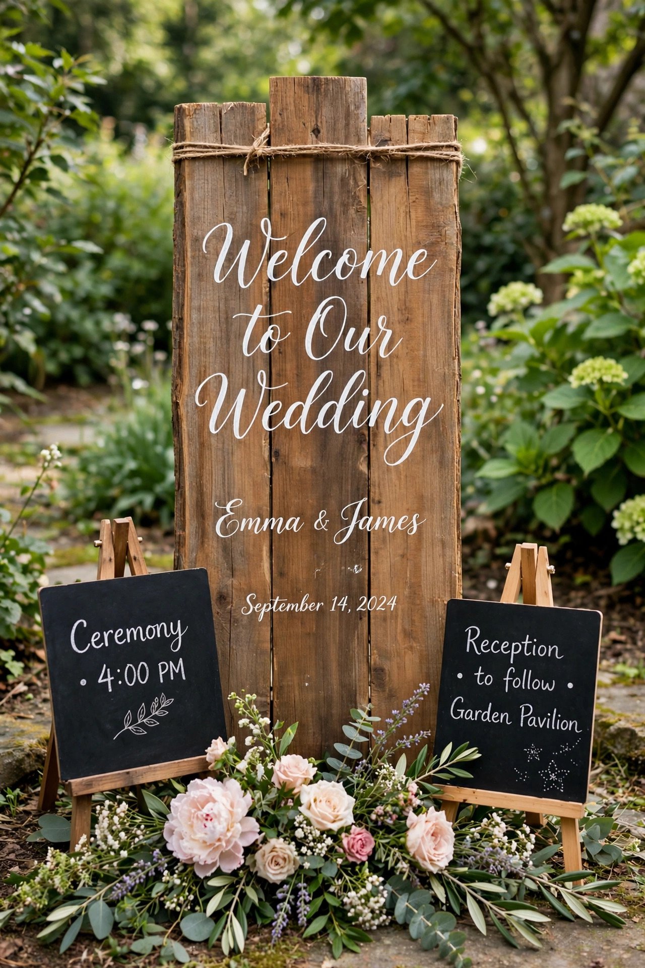 Handmade wooden wedding welcome sign with calligraphy lettering in a garden setting