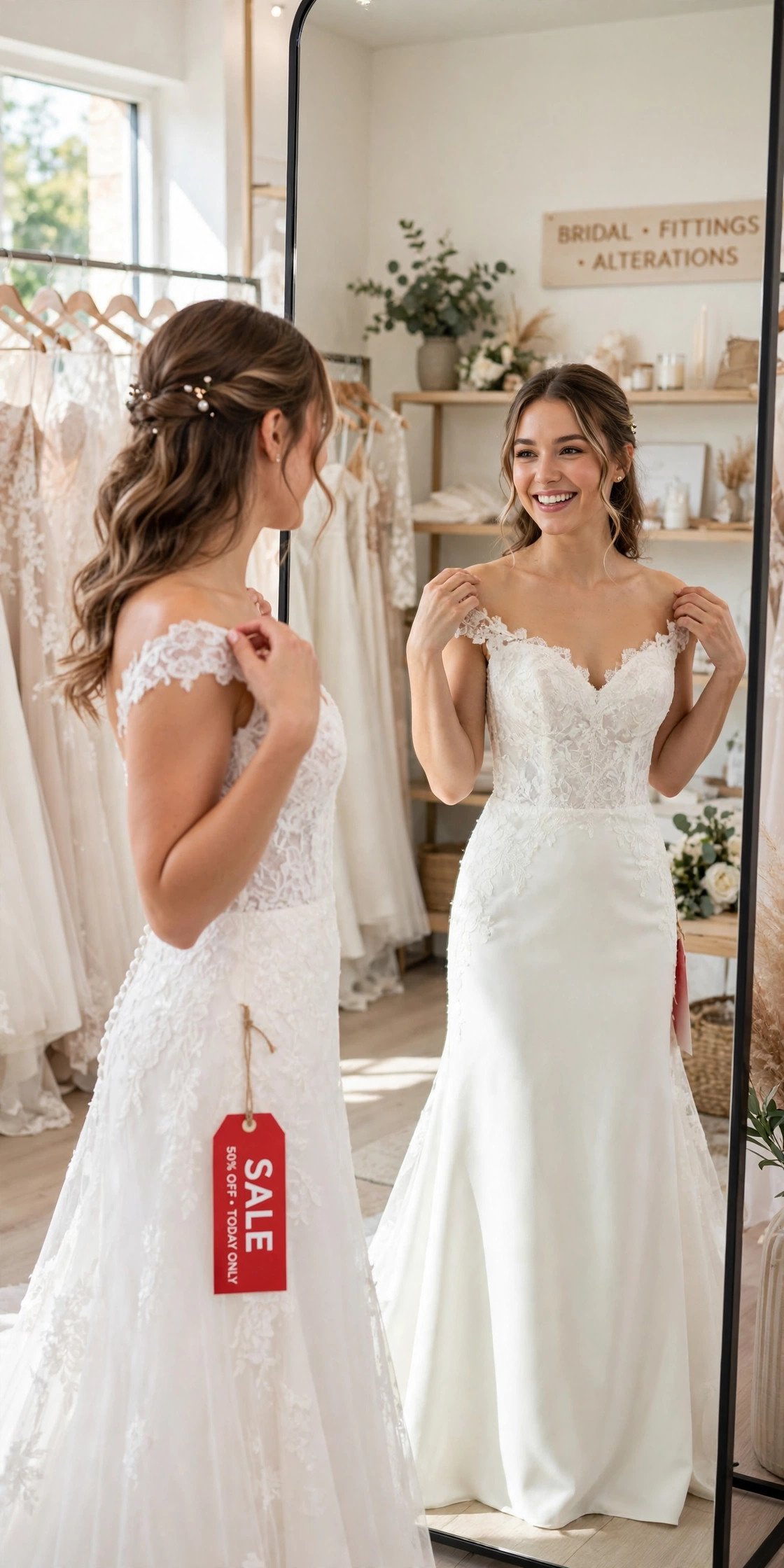 Bride trying on an elegant wedding dress with a red sale tag in a boutique