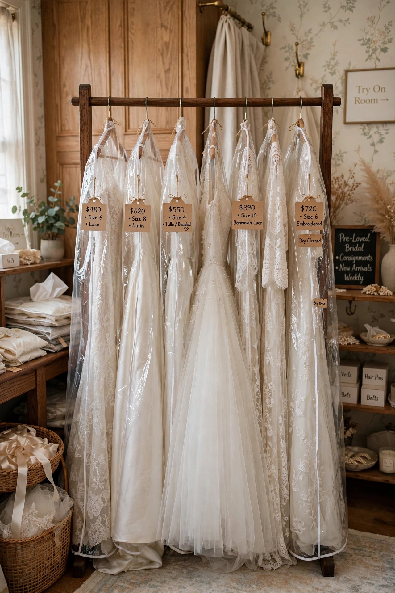 Rack of pre-loved wedding dresses in an elegant consignment shop