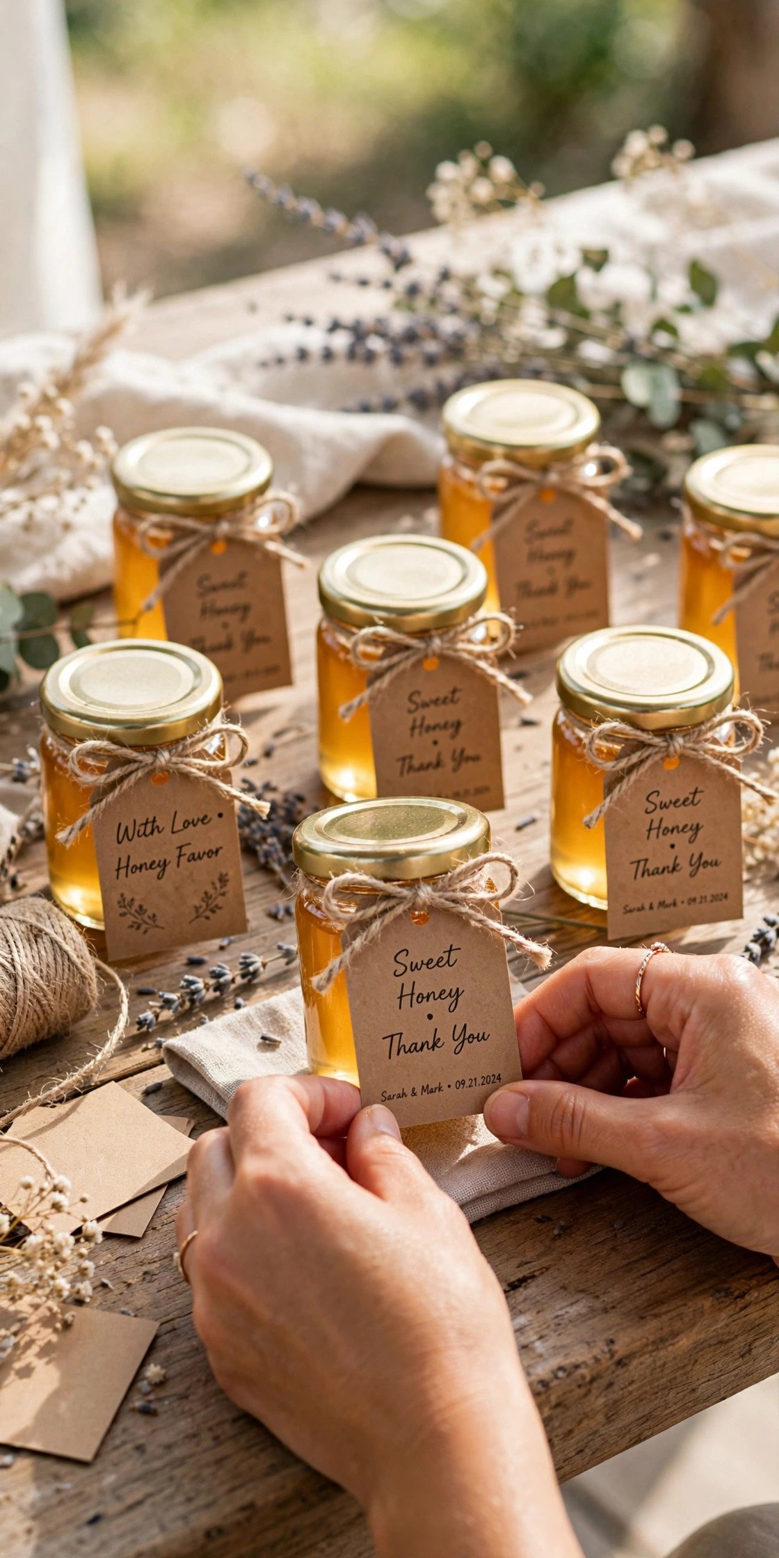 Handmade wedding favors of honey jars with twine and custom labels on a table