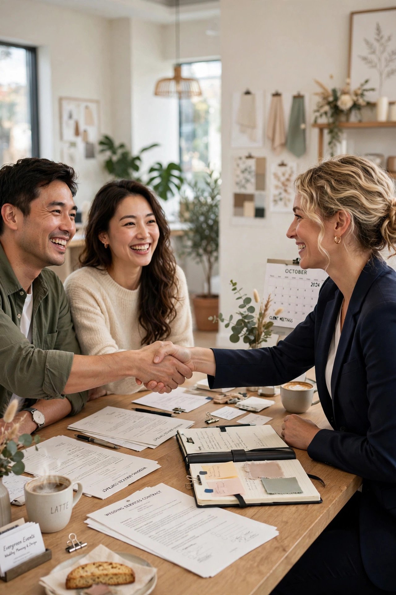 Happy couple shaking hands with a wedding vendor over contracts at a table