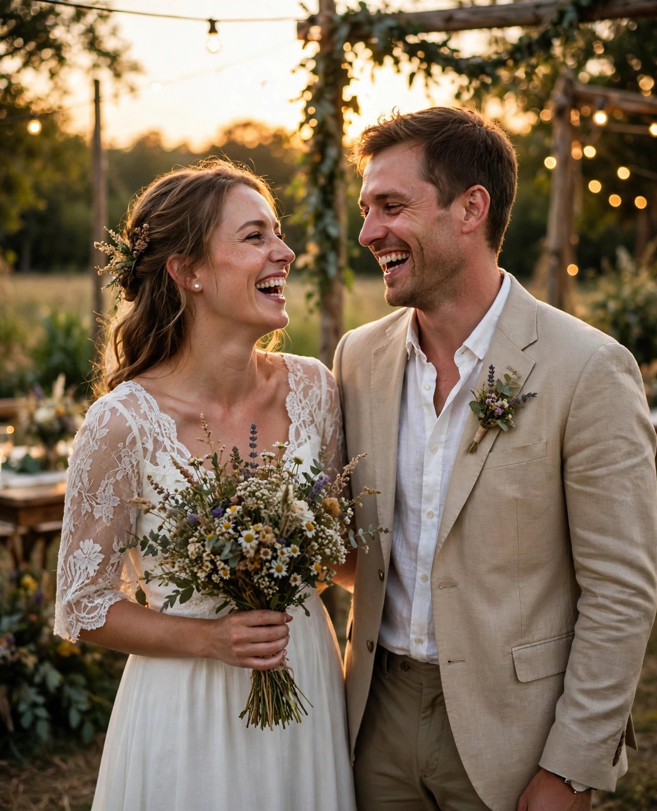 Joyful bride and groom laughing together at a beautiful budget-savvy wedding celebration