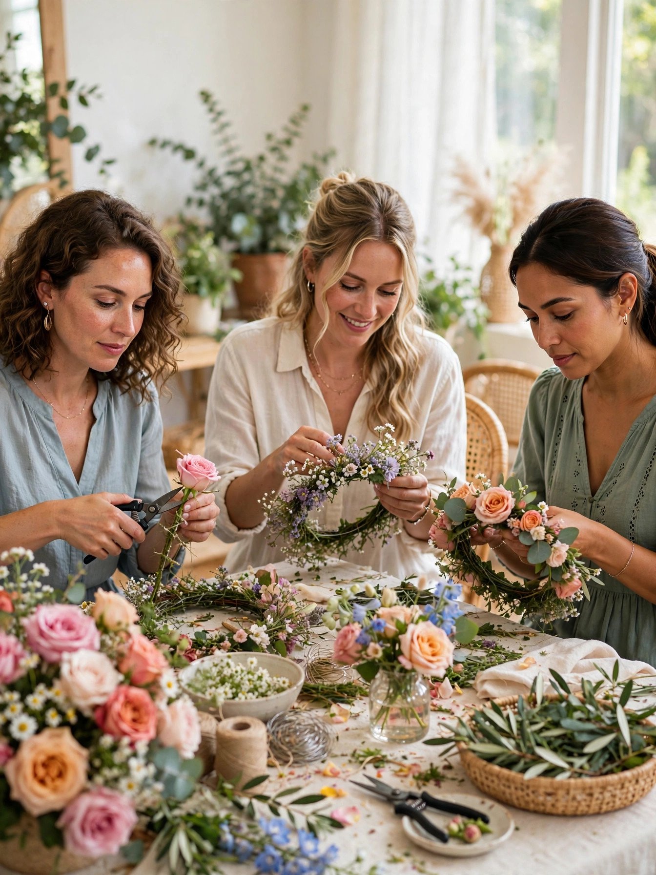 Women making flower crowns with fresh roses at a bridal shower craft table