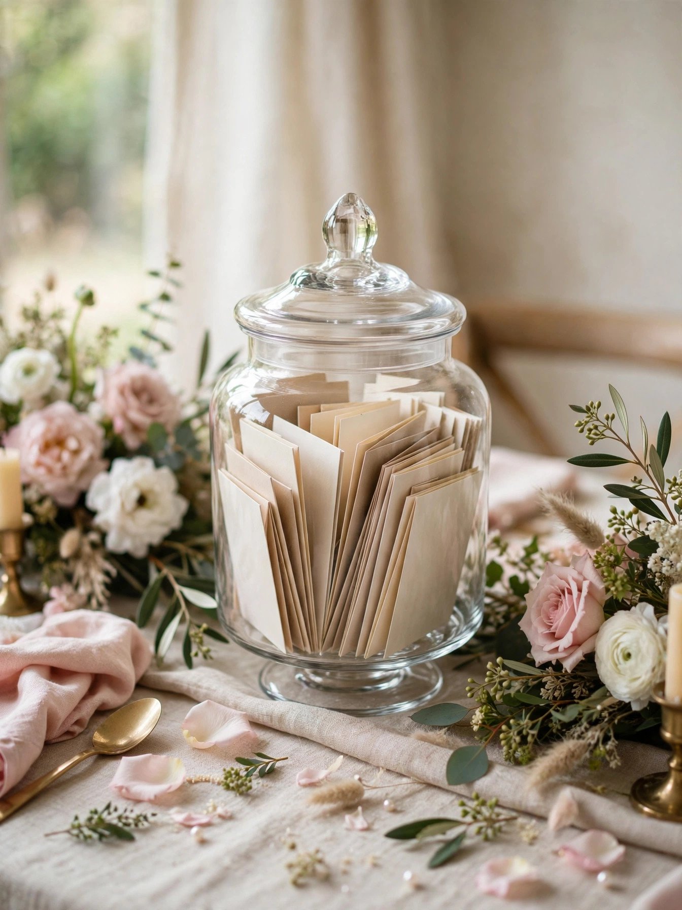Pretty glass advice jar with handwritten cards on a bridal shower table