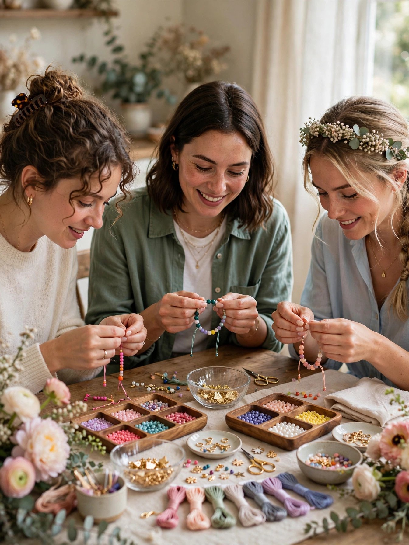 Friends making friendship bracelets with beads at a bridal shower table