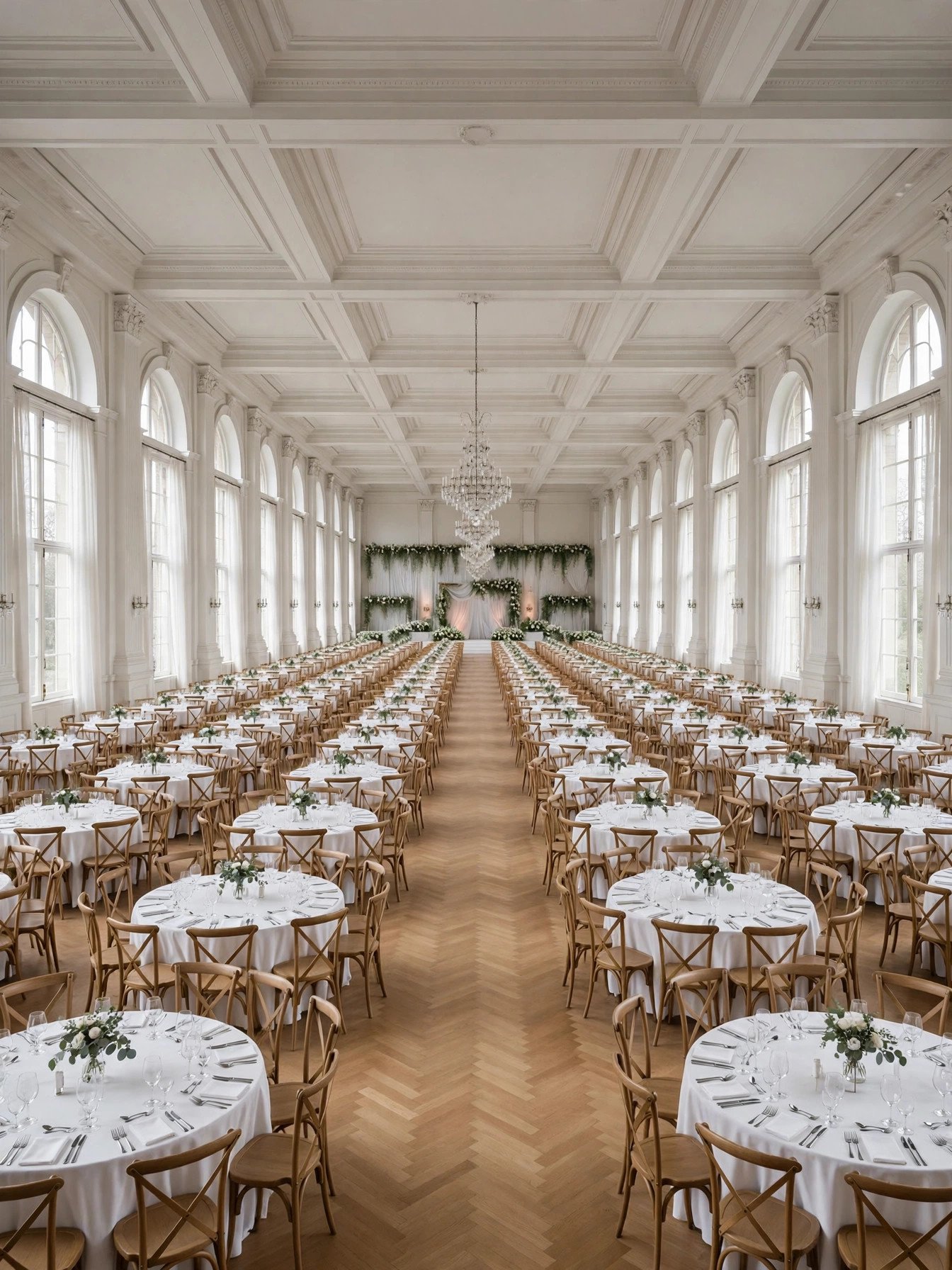 Enormous empty wedding banquet hall with rows of round tables set for a thousand guests