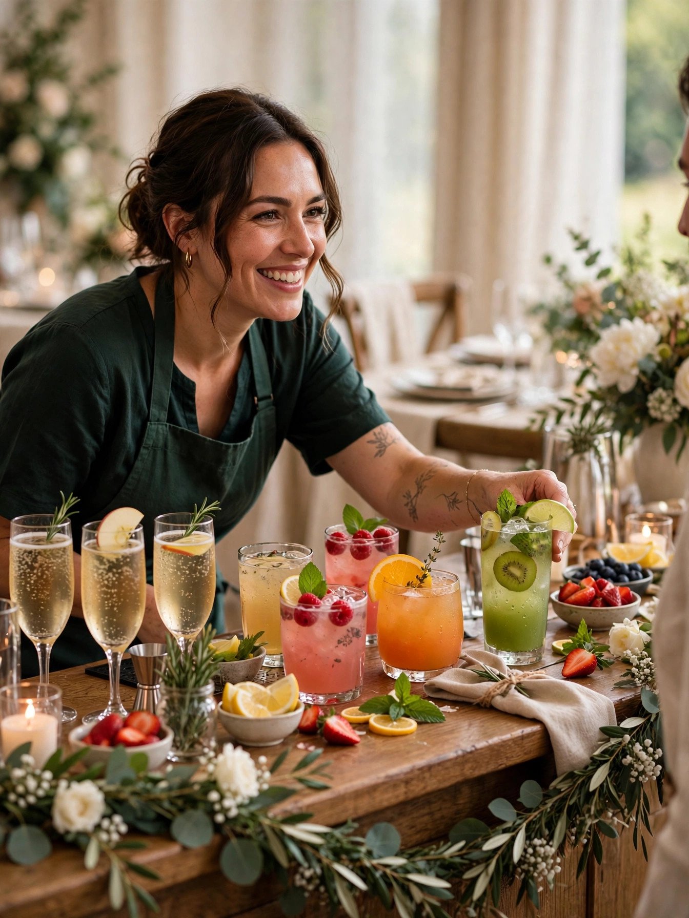 Elegant mocktail bar at a wedding reception with plain glasses of sparkling cider and colorful non-alcoholic drinks
