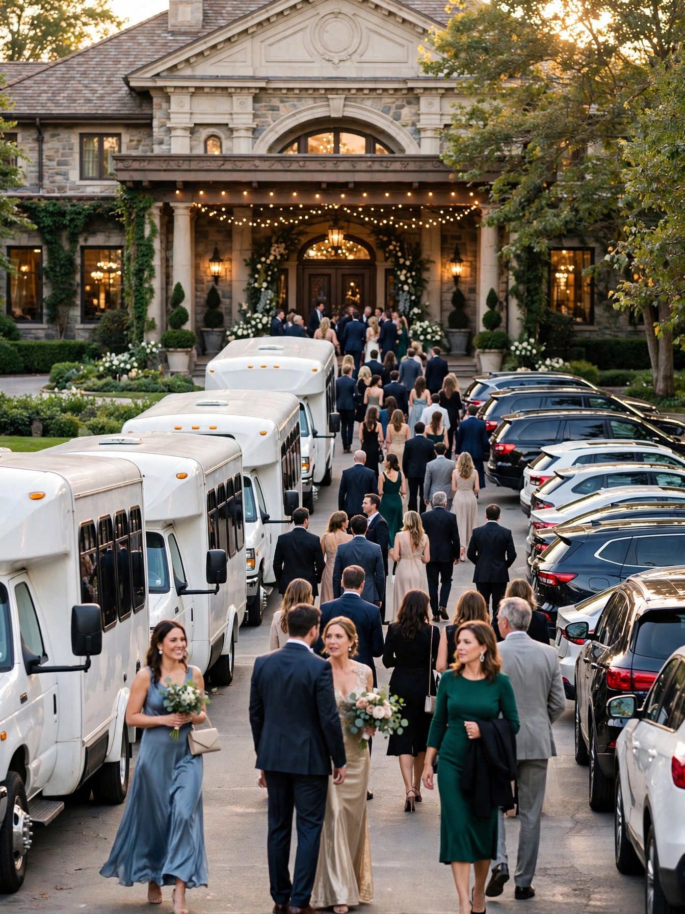 White shuttle buses and cars at the entrance of a large wedding venue with guests arriving