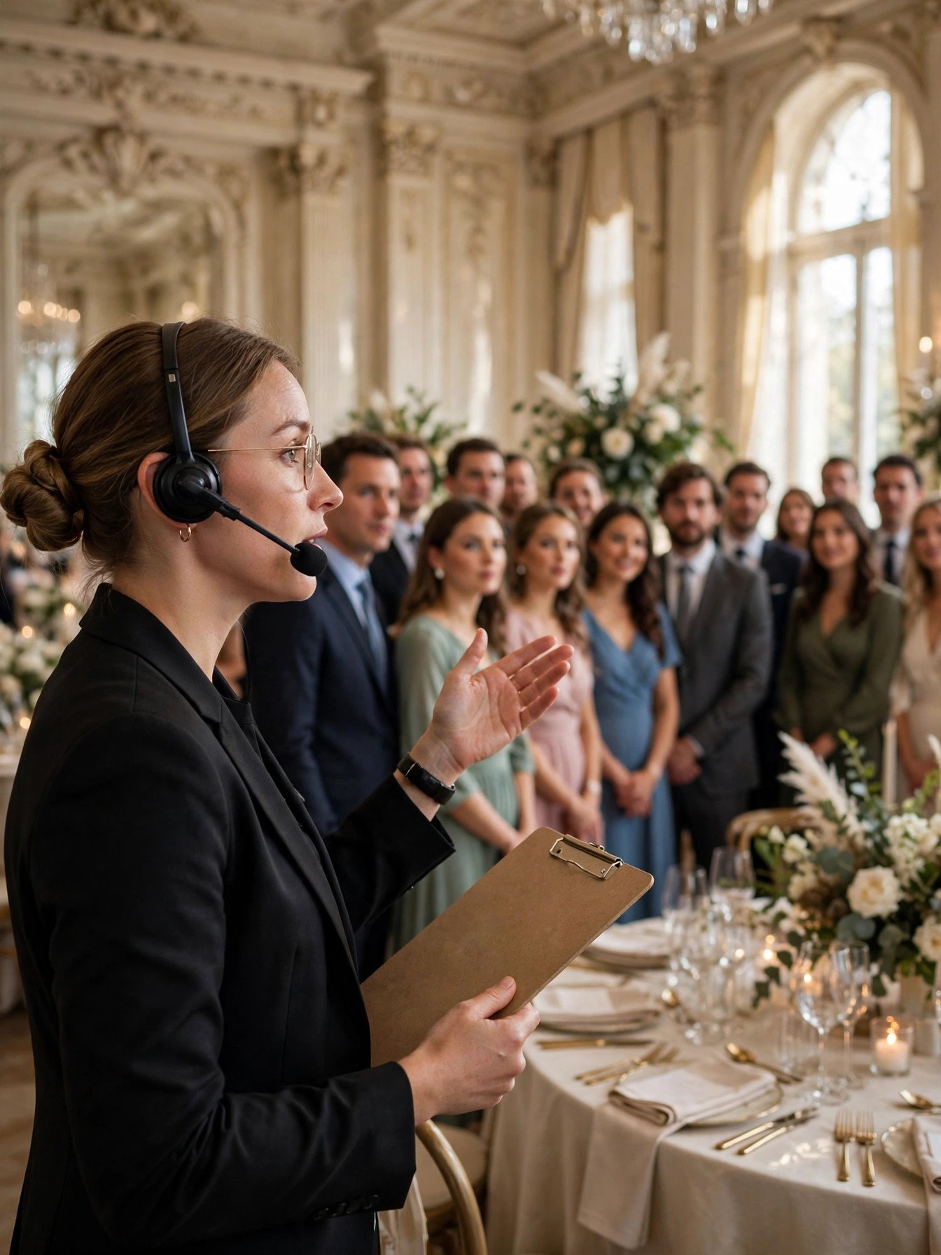 Professional wedding coordinator with clipboard and headset guiding guests through a grand reception hall