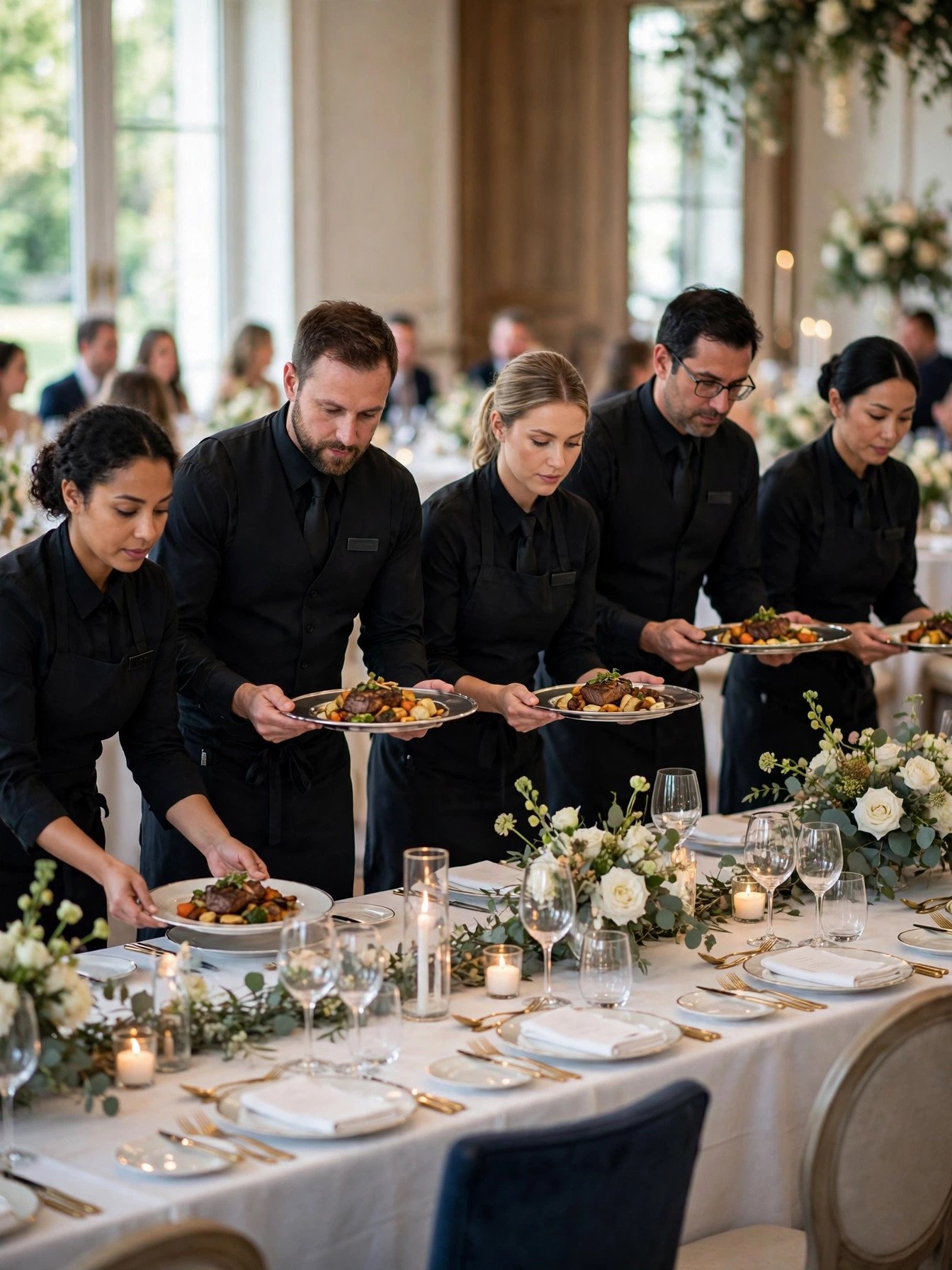 Team of catering staff in black uniforms serving plated dinners at an elegant large wedding banquet